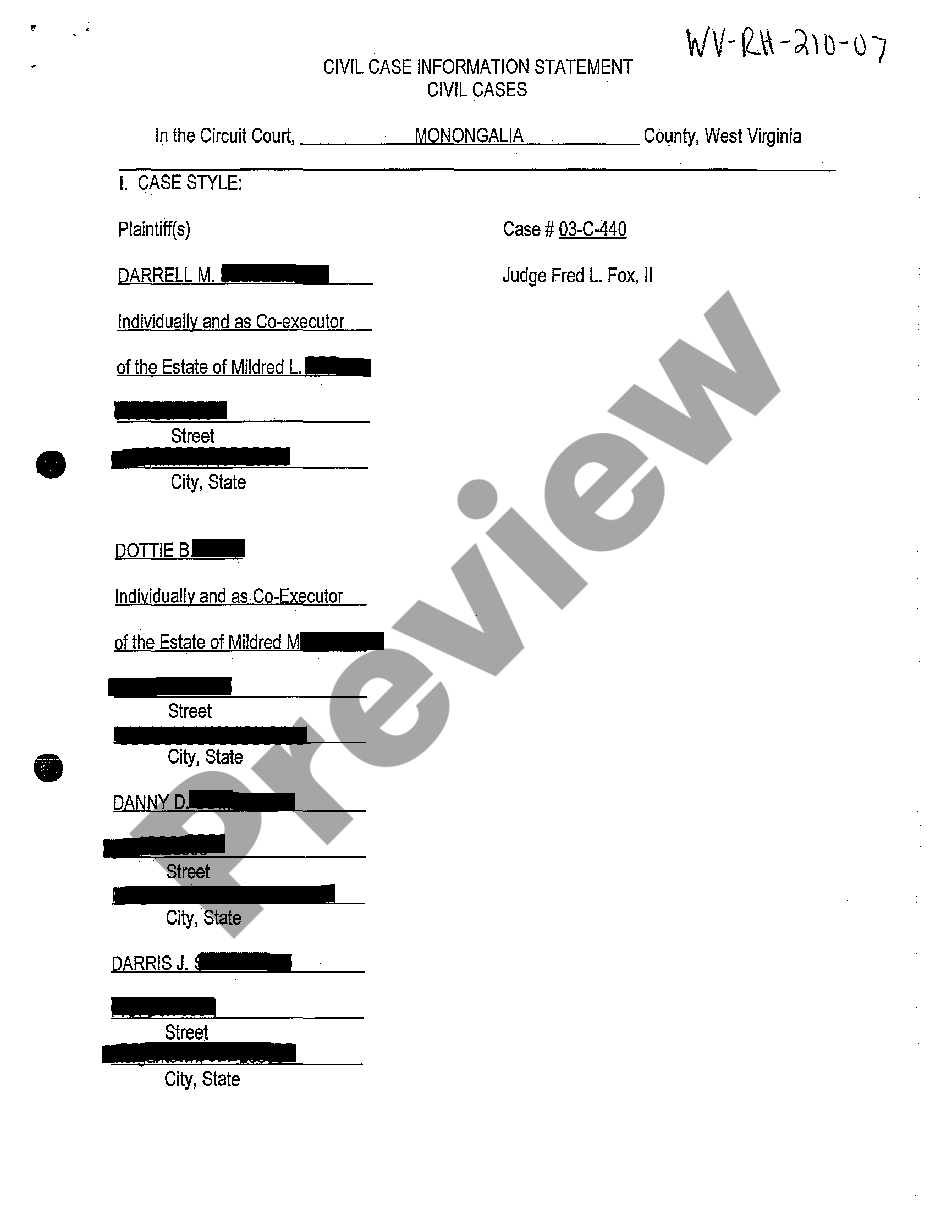 West Virginia Civil Case Information Statement US Legal Forms