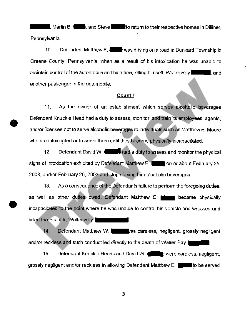 Preview A01 Complaint for Wrongful Death regarding Automobile Accident