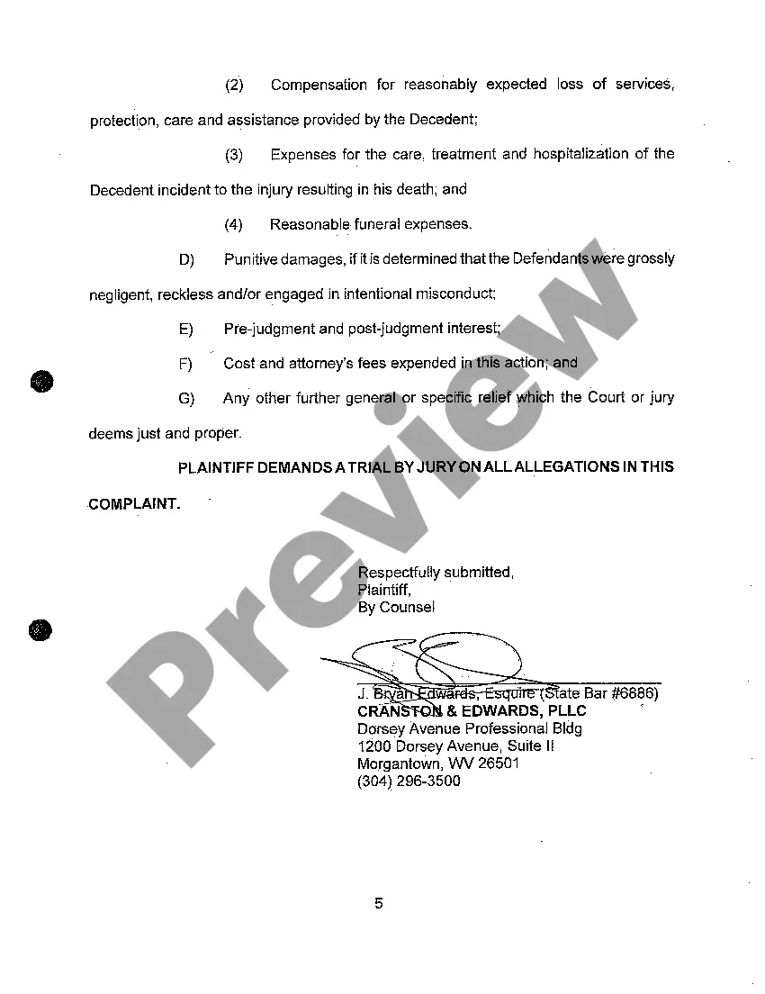 Preview A01 Complaint for Wrongful Death regarding Automobile Accident