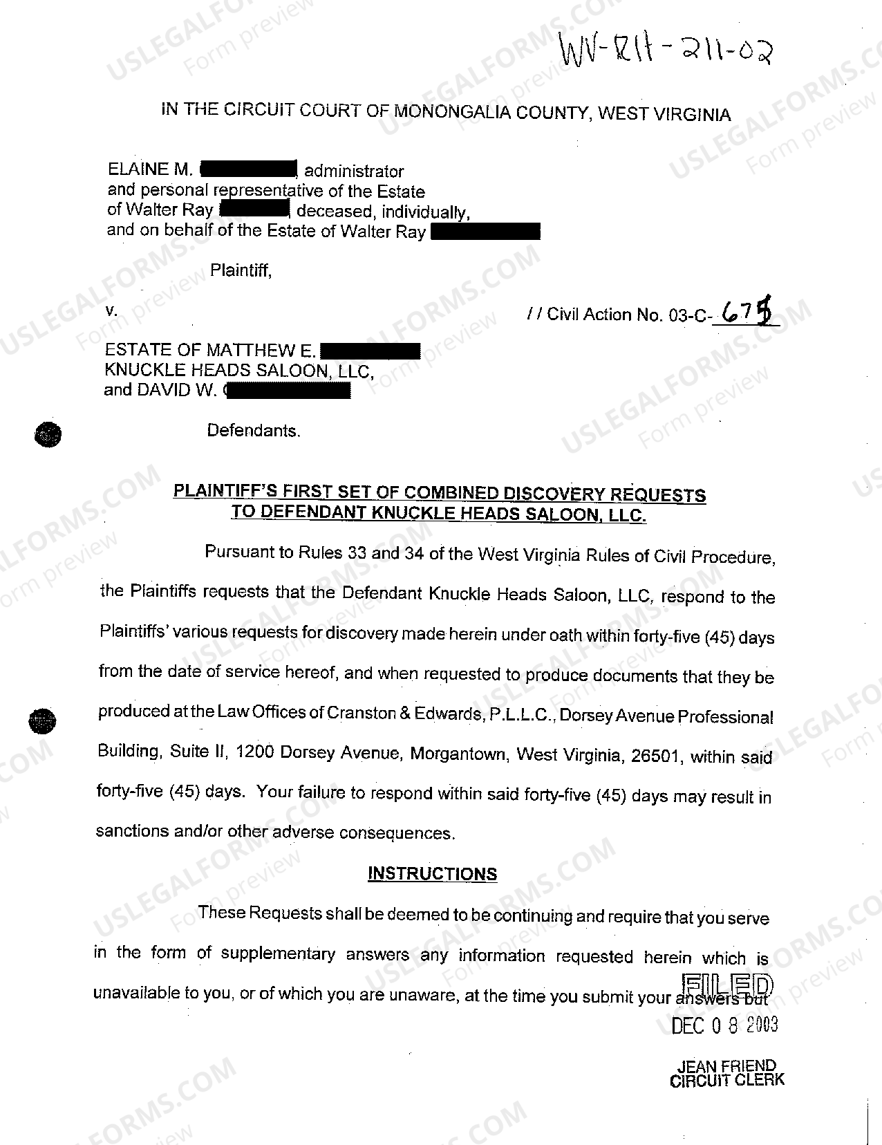 West Virginia Plaintiff's First Set of Combined Discovery Requests to