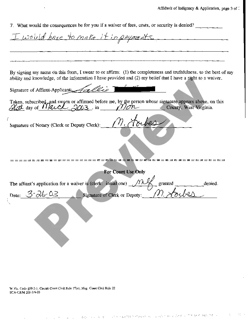 Preview A07 Affidavit of Indigency and Application Eligibility for Waiver of Fees, Costs, or Security in a Civil Case