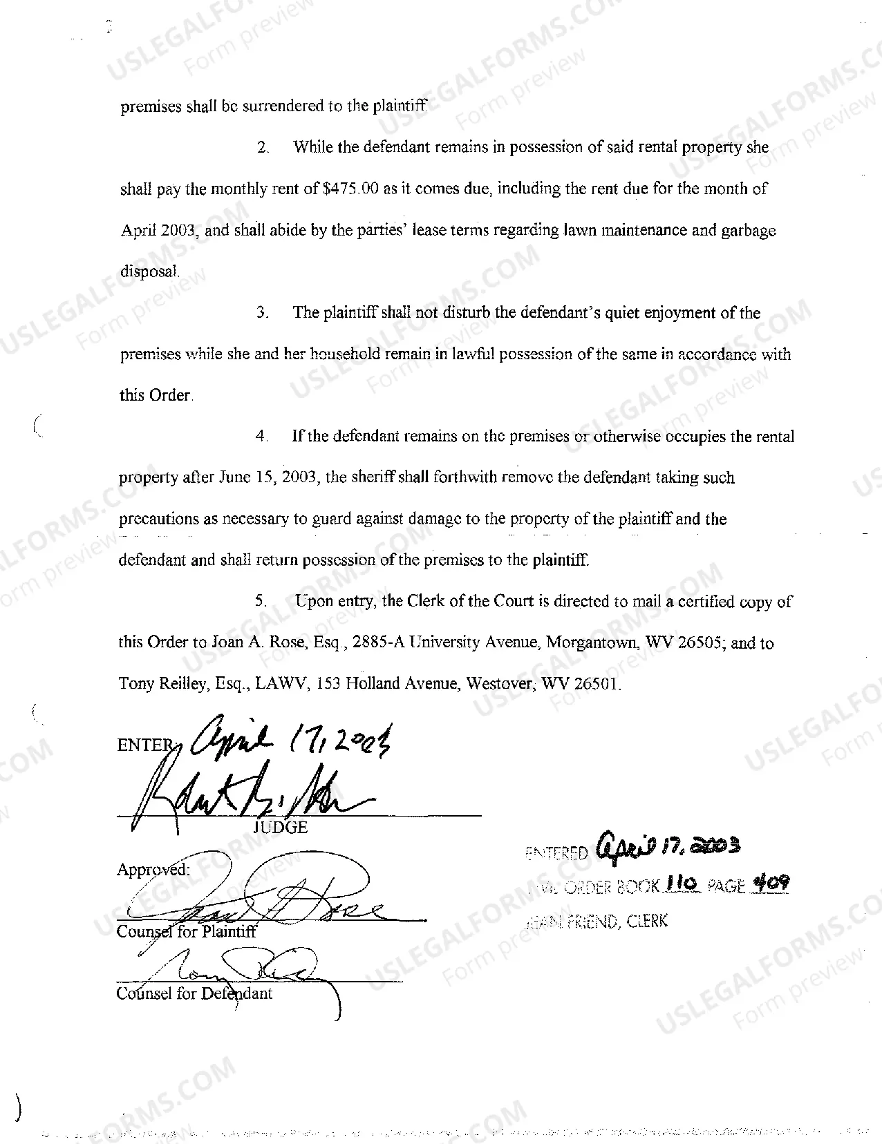 Preview A10 Agreed Order that Defendant Vacate the Property and Abide by the Lease