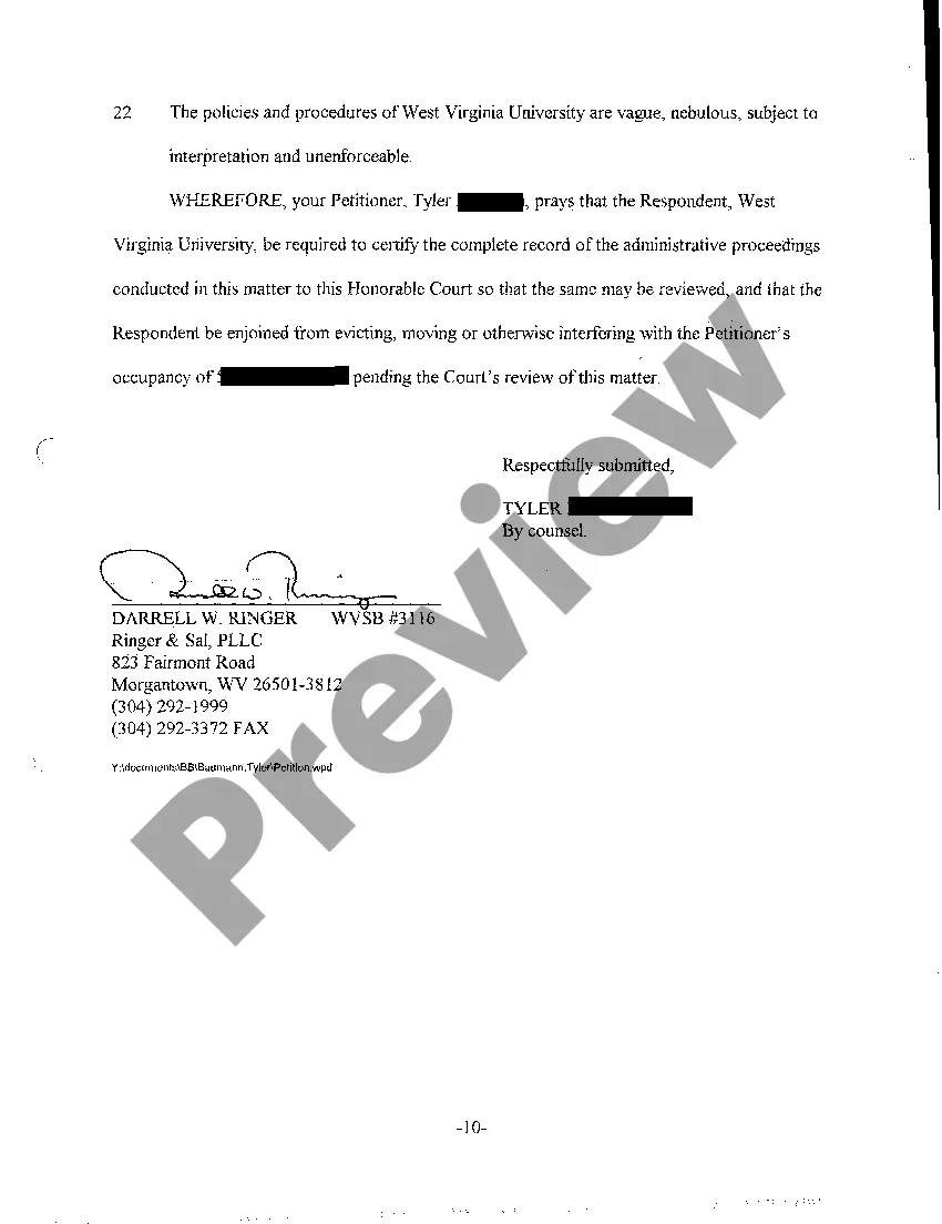 Preview A02 Petition For Writ of Certiorari and Review and For Temporary Injunction from Evicting Petitioner from Occupancy of College Dormitory