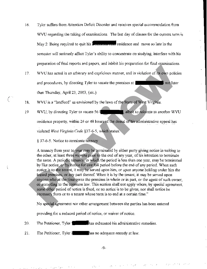 Preview A02 Petition For Writ of Certiorari and Review and For Temporary Injunction from Evicting Petitioner from Occupancy of College Dormitory