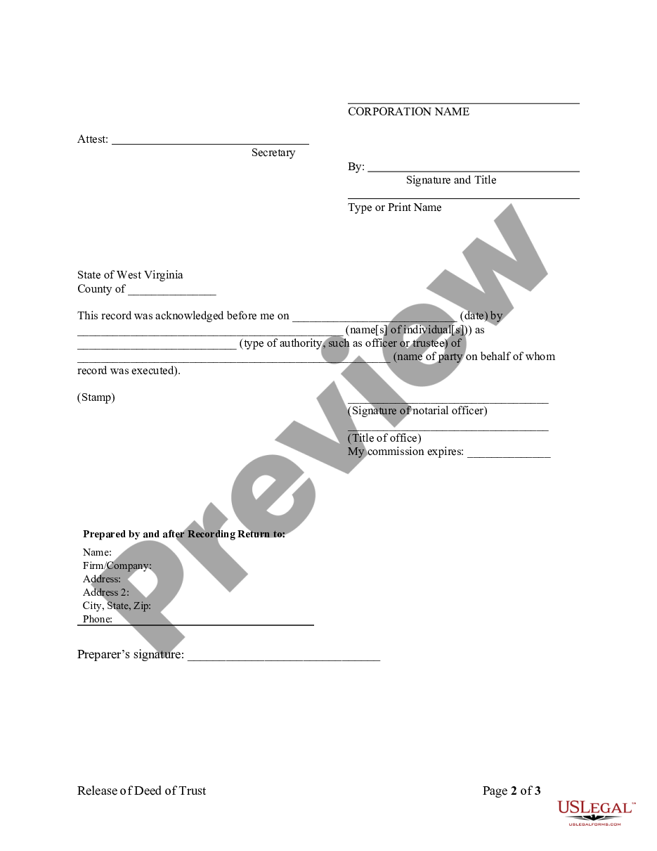 form Release - Satisfaction - Cancellation Deed of Trust - by Corporate Lender preview