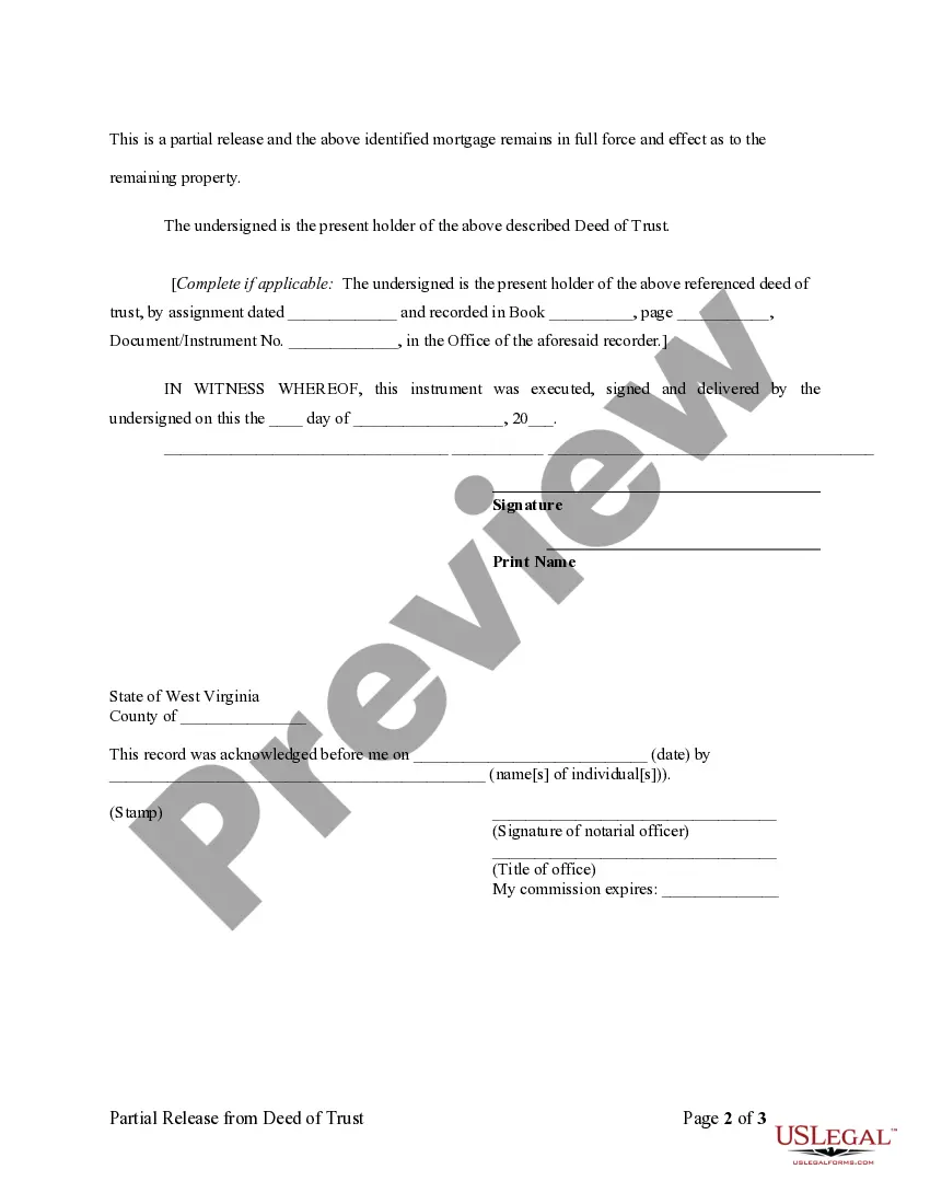 Preview Partial Release of Property From Deed of Trust for Individual