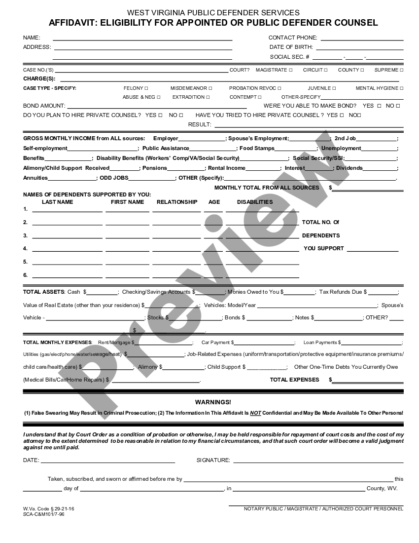 West Virginia Affidavit For Eligibility For Appointed Or Public Defender Counsel West Virginia 5413