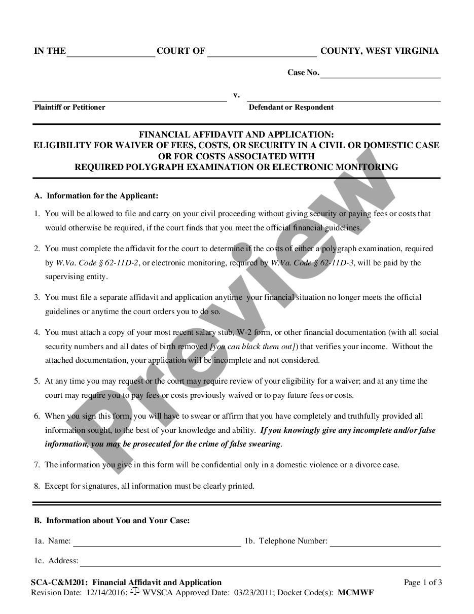 page 0 Financial Affidavit and Application - Eligibility for Waiver of Waiver, Fees, Costs or Security in Civil or Domestic Cases preview