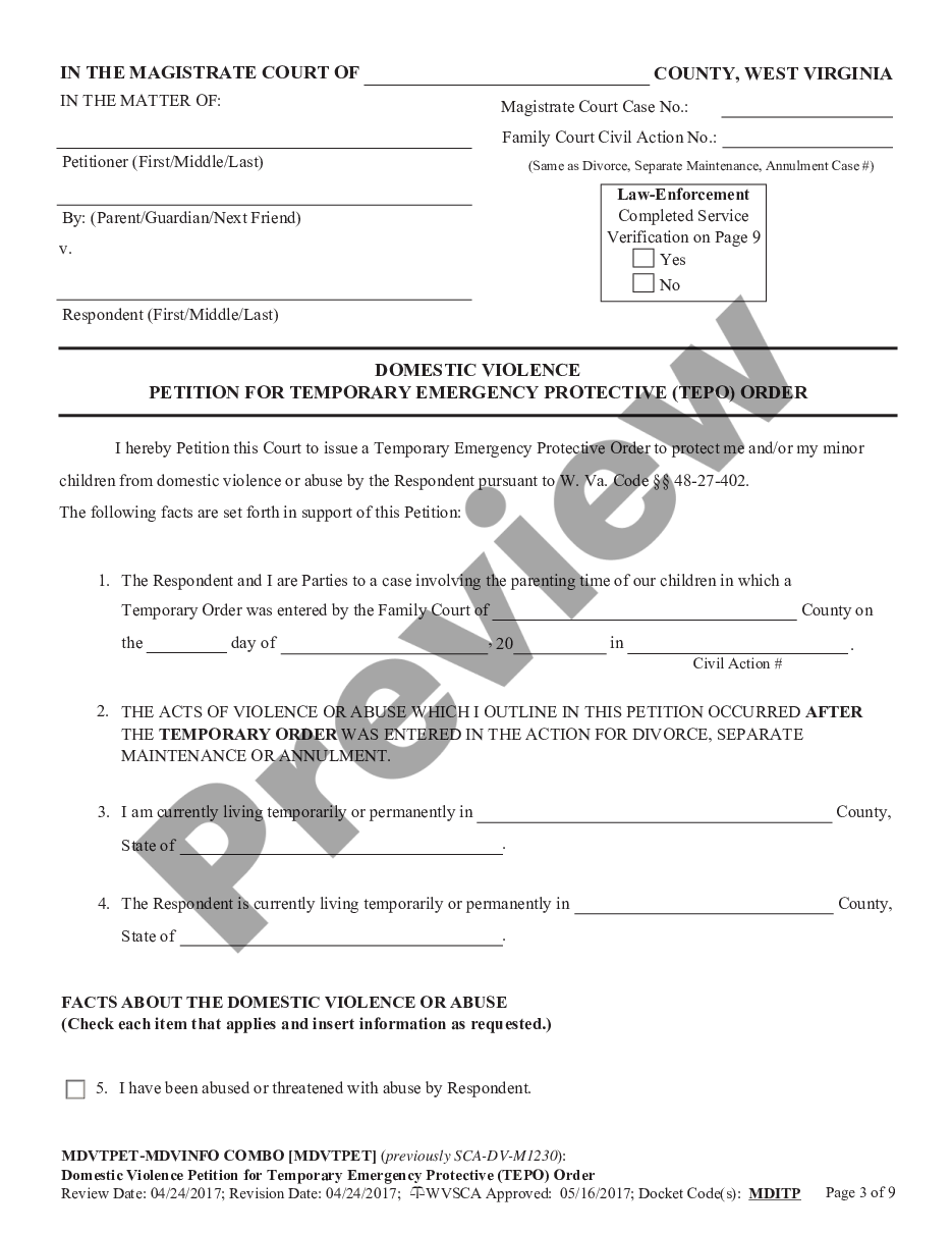 page 2 Domestic Violence - Petition for Temporary Emergency Protective (TEPO) Order preview