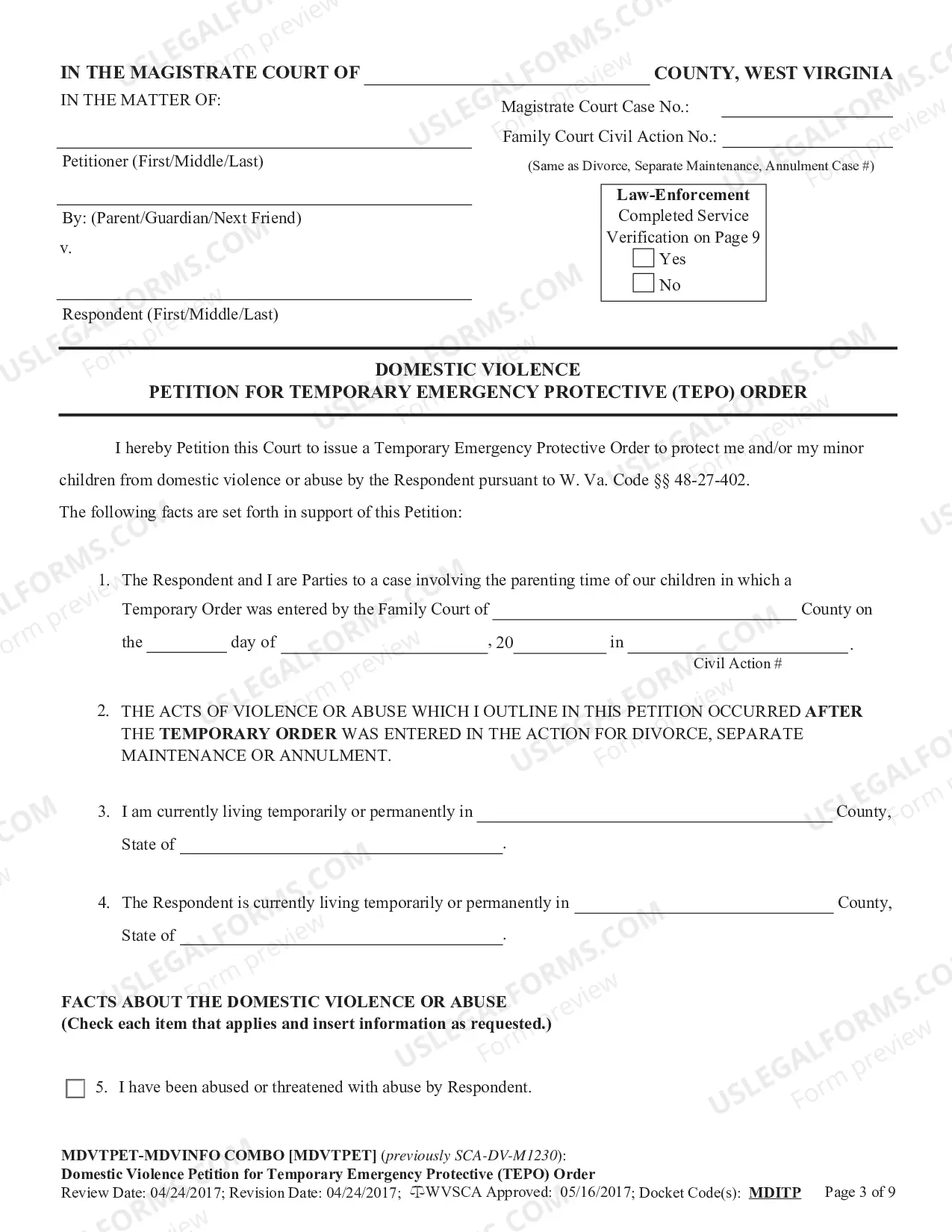 Preview Domestic Violence - Petition for Temporary Emergency Protective (TEPO) Order
