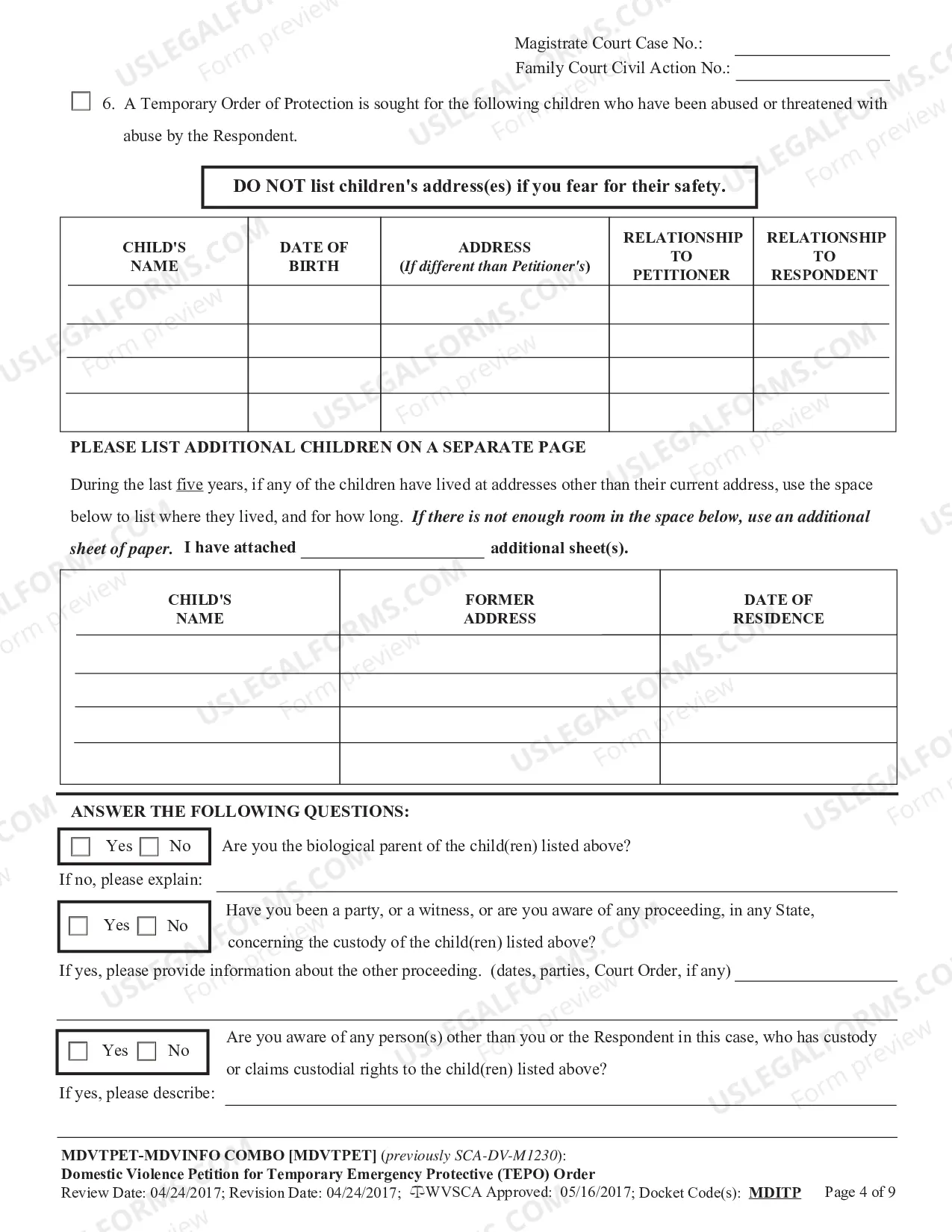 Preview Domestic Violence - Petition for Temporary Emergency Protective (TEPO) Order