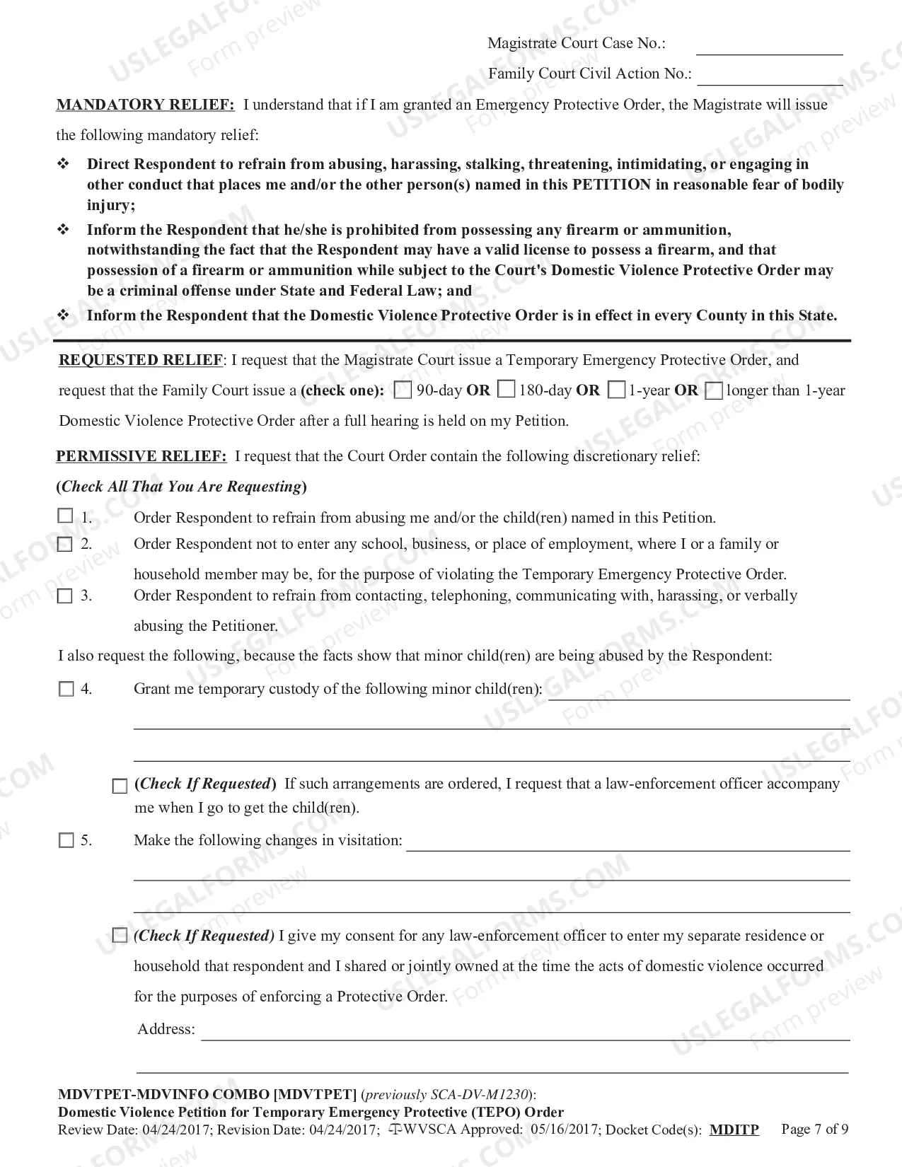 Preview Domestic Violence - Petition for Temporary Emergency Protective (TEPO) Order