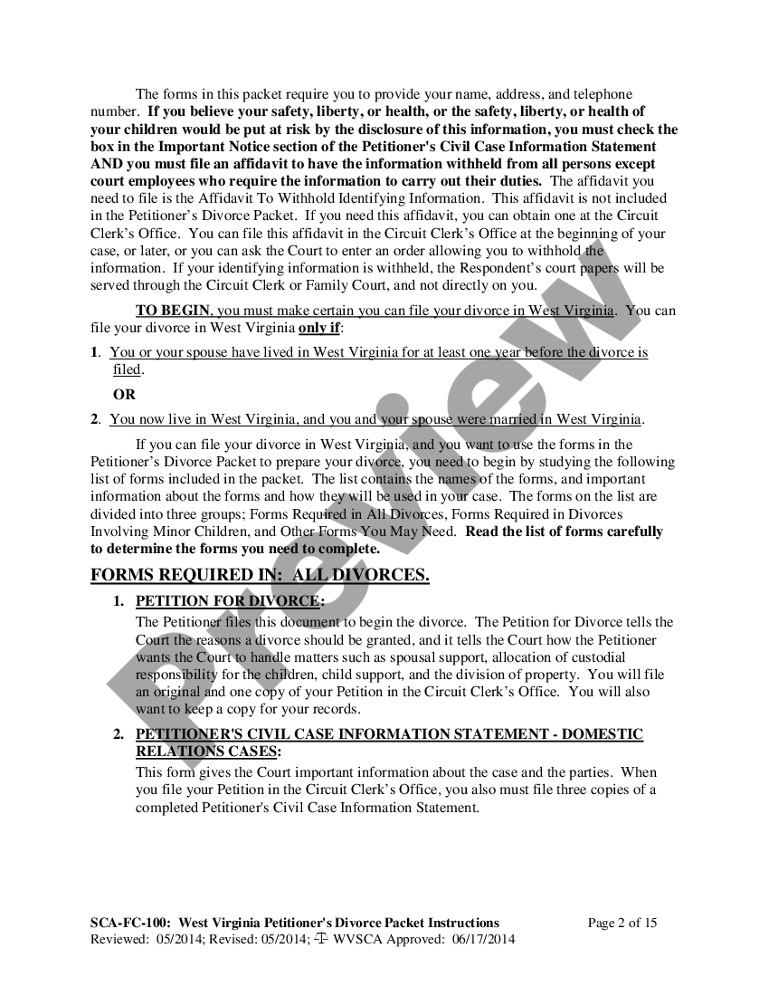 west virginia instructions for completing divorce forms petitioner