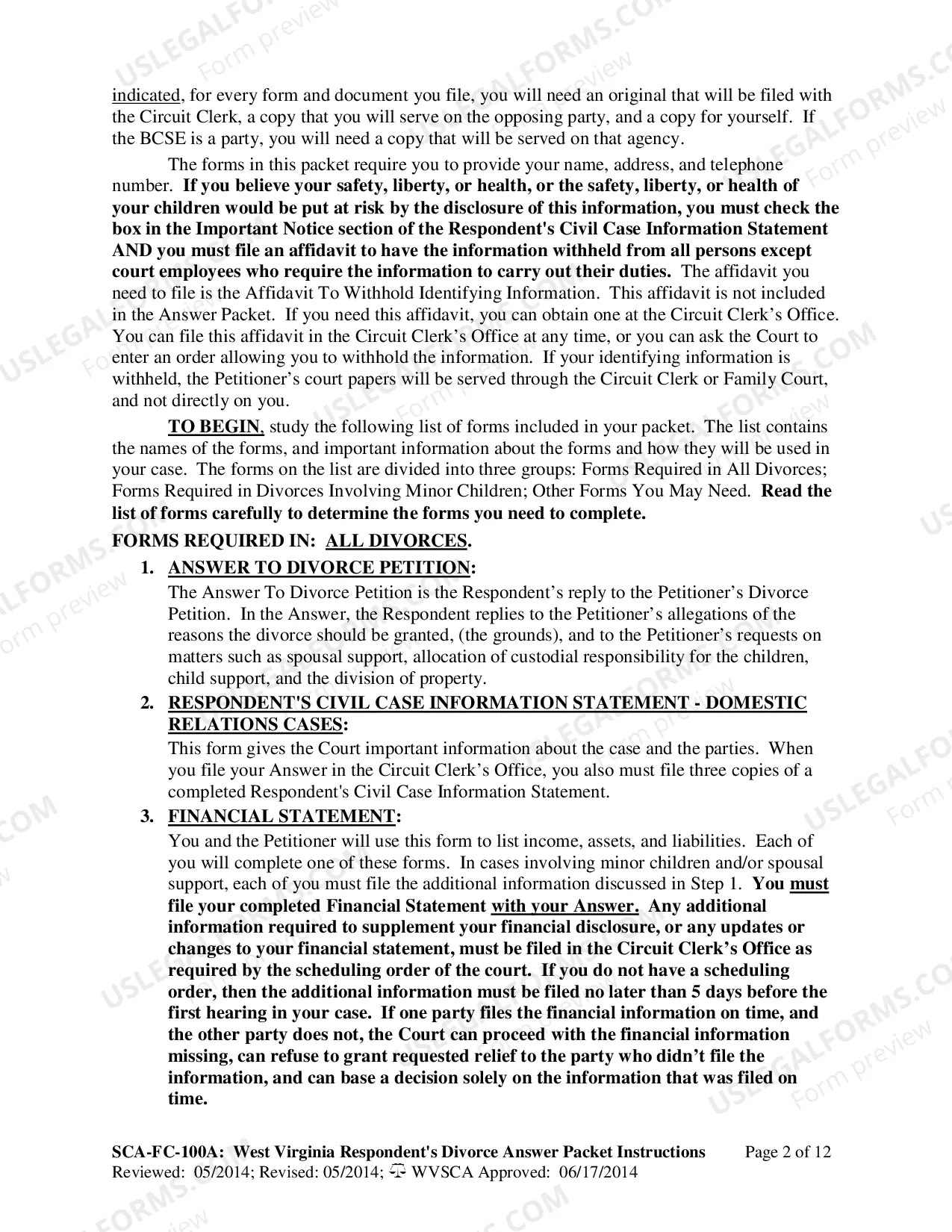 Preview Instructions for Completing West Virginia Divorce Forms (Respondent)