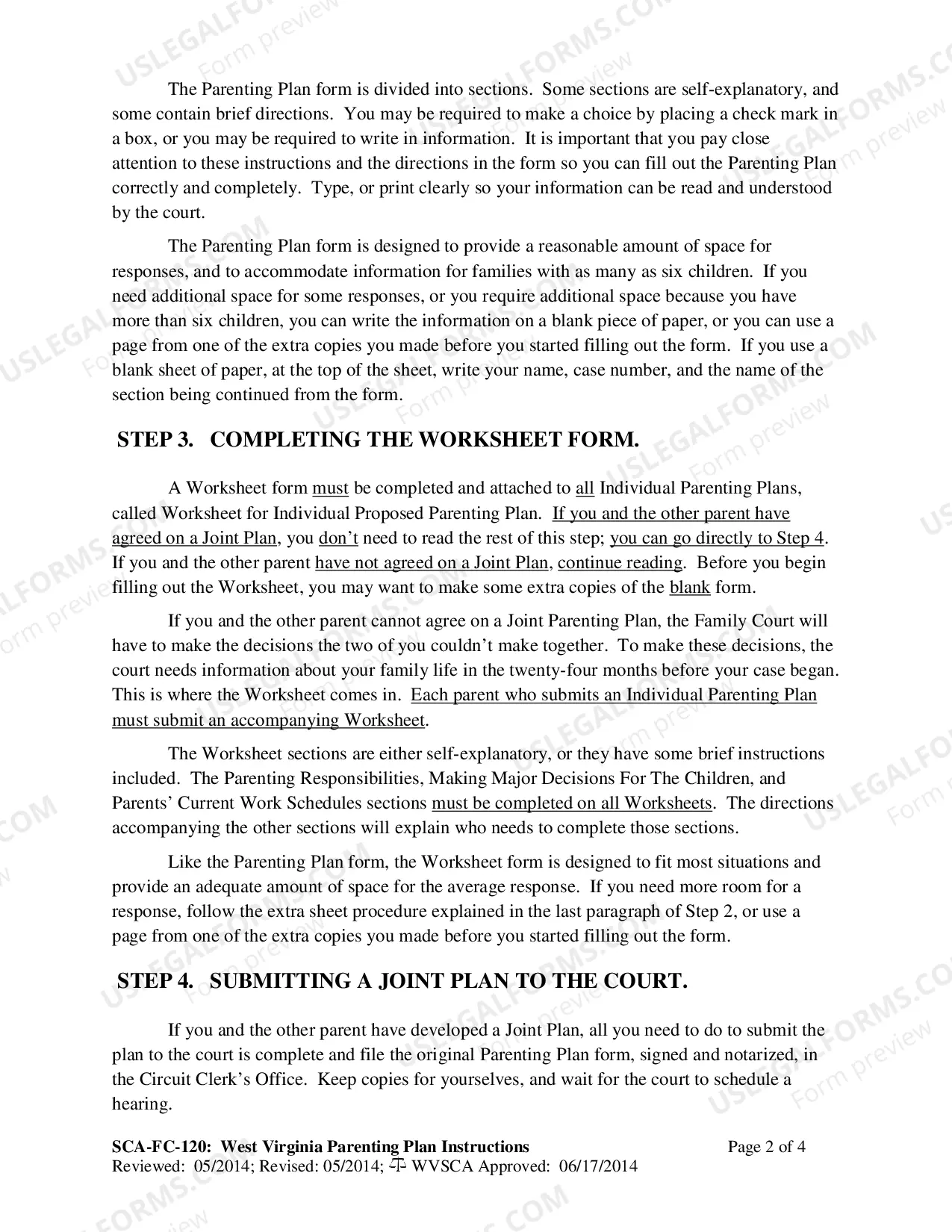 Preview Instructions for Completing the West Virginia Proposed Parenting Plan forms