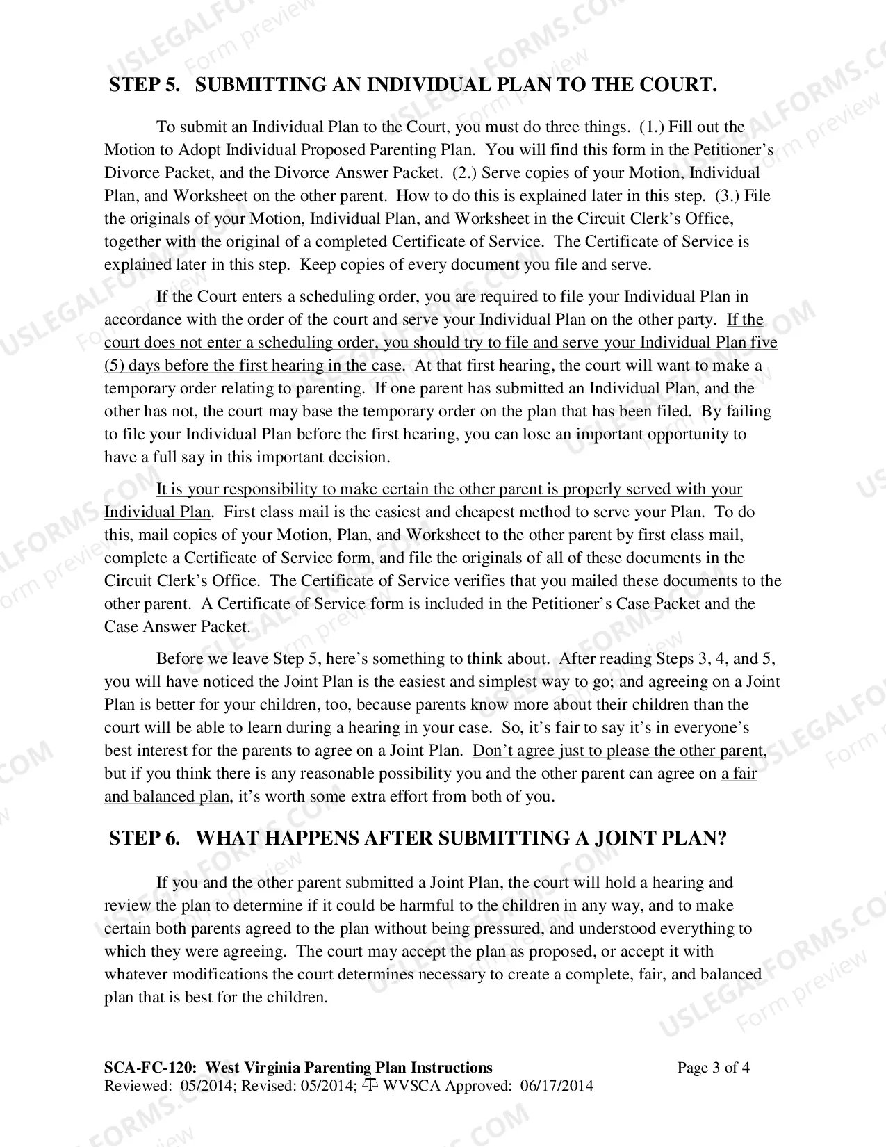 Preview Instructions for Completing the West Virginia Proposed Parenting Plan forms
