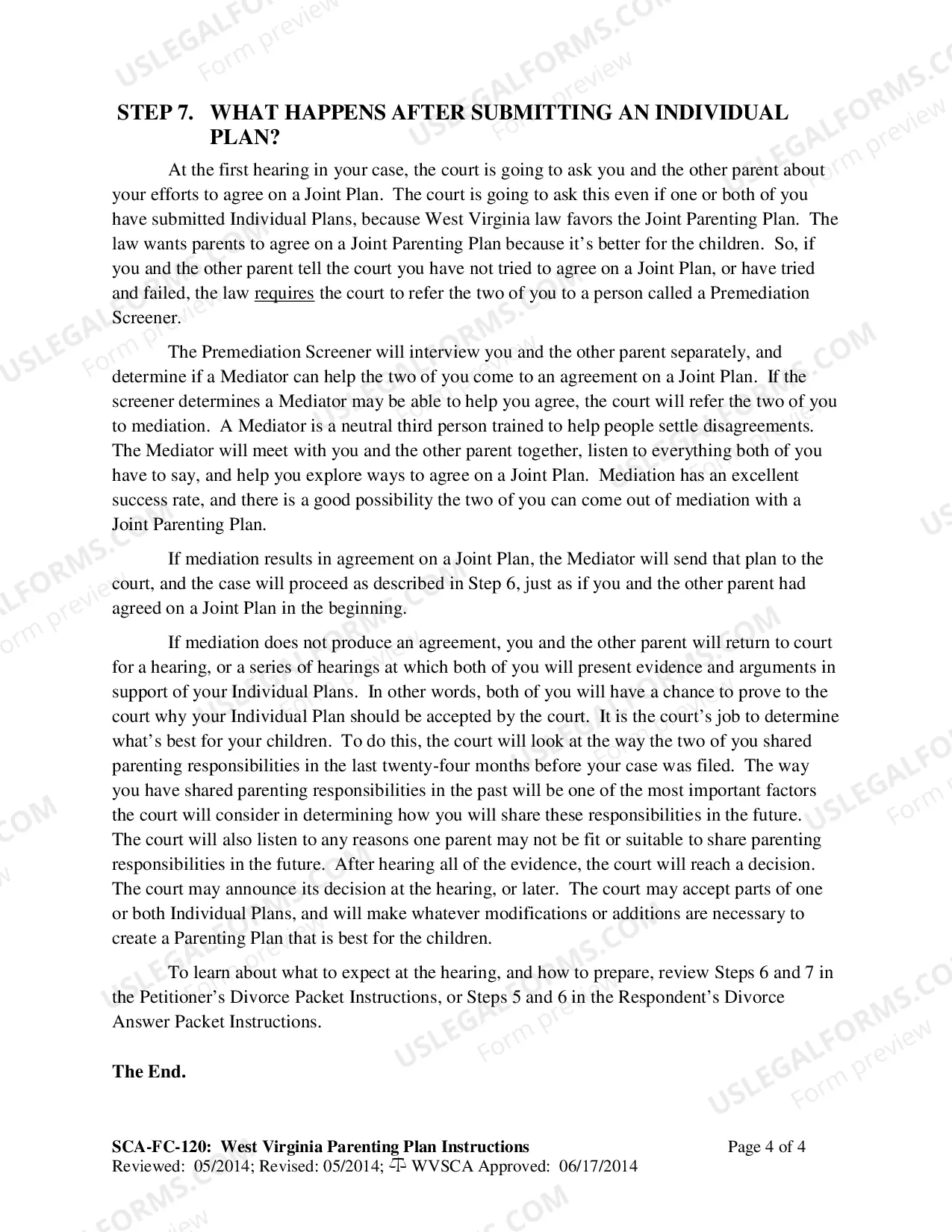 Preview Instructions for Completing the West Virginia Proposed Parenting Plan forms