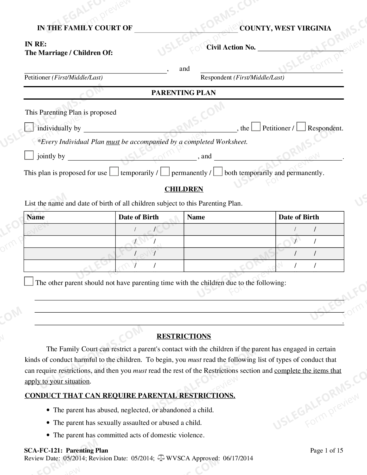 West Virginia Proposed Parenting Plan - West Virginia Parenting Plan