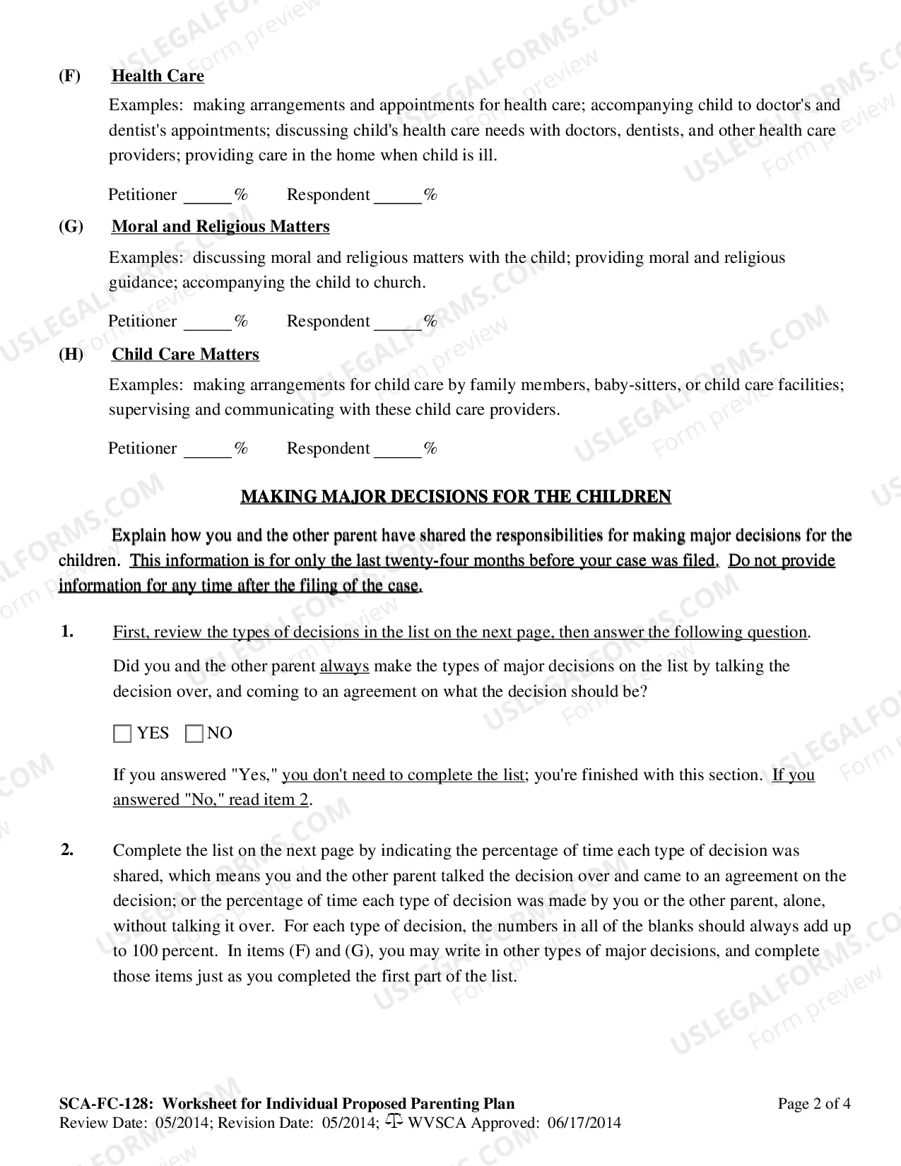 Preview West Virginia Parenting Plan Worksheet