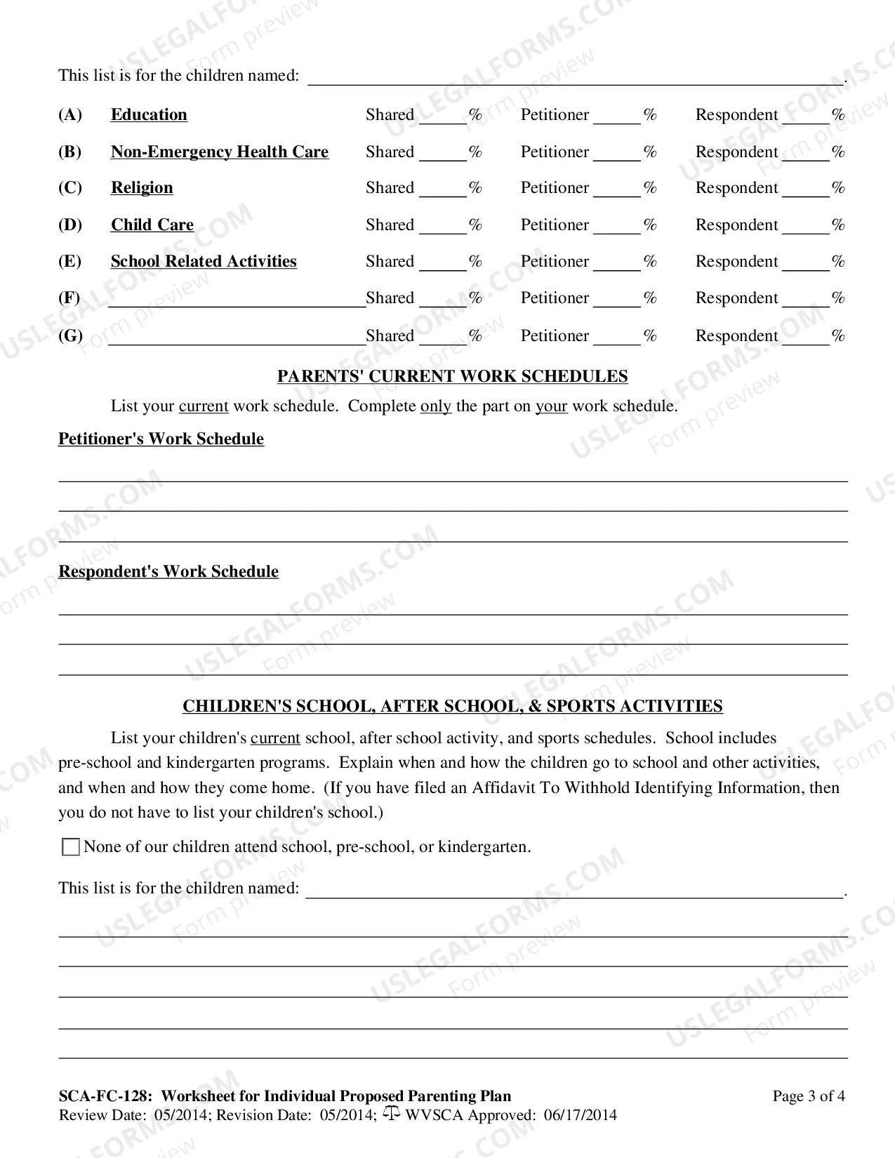 Preview West Virginia Parenting Plan Worksheet