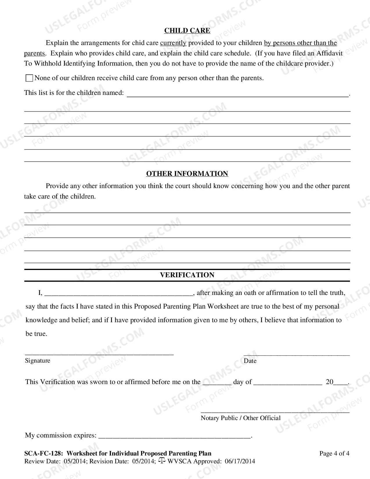 Preview West Virginia Parenting Plan Worksheet