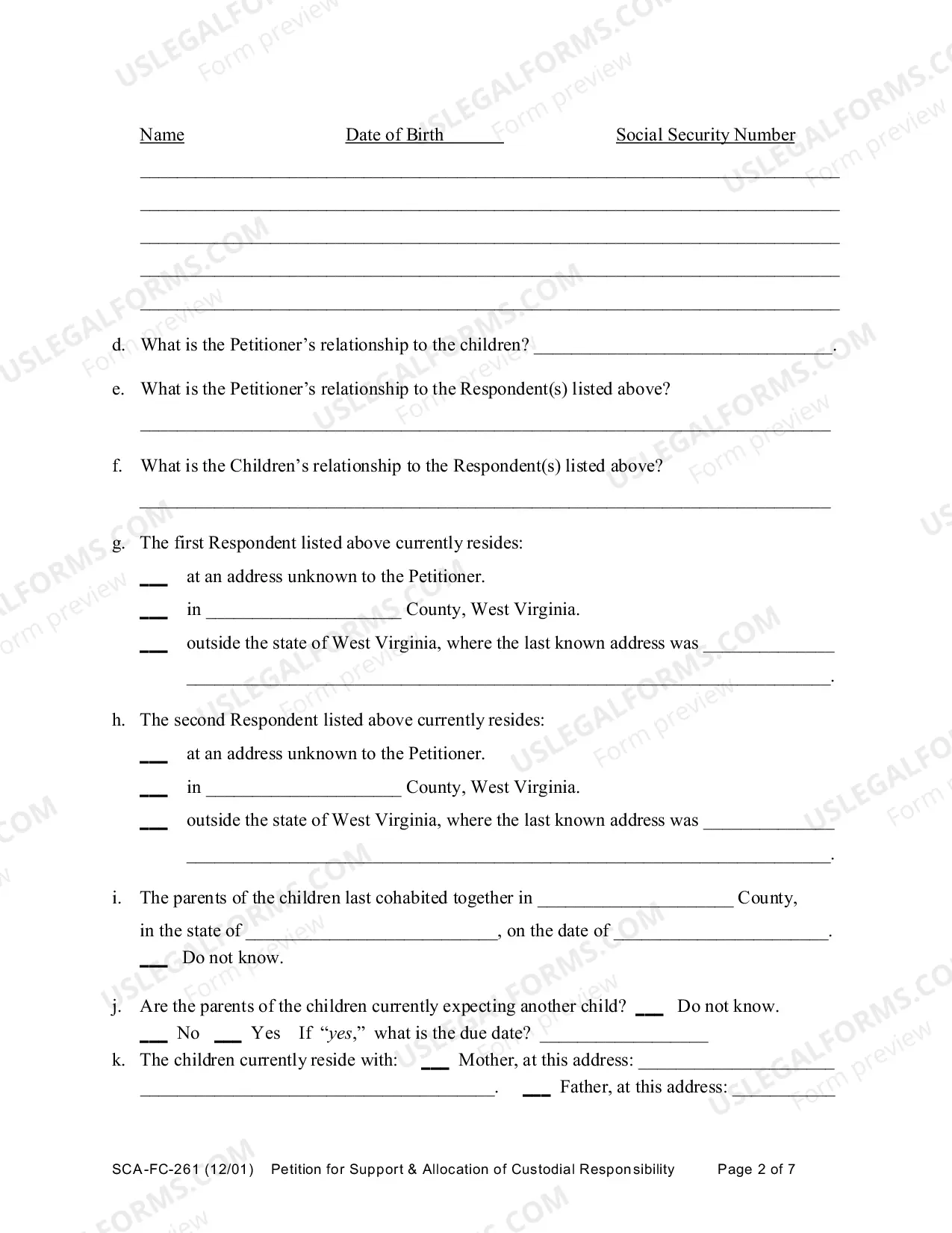 Preview Petition for Support and / Or Allocation of Custodial Responsibility