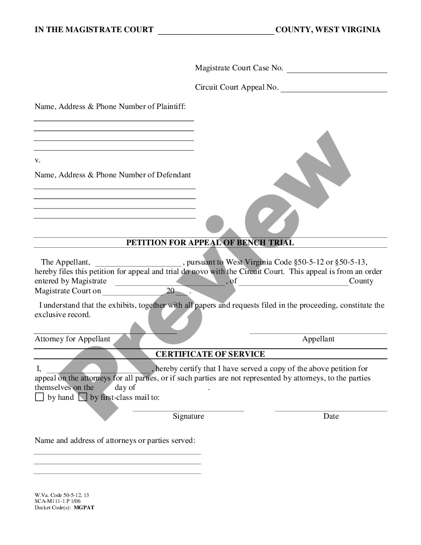 West Virginia Petition for Appeal of Bench Trial | US Legal Forms