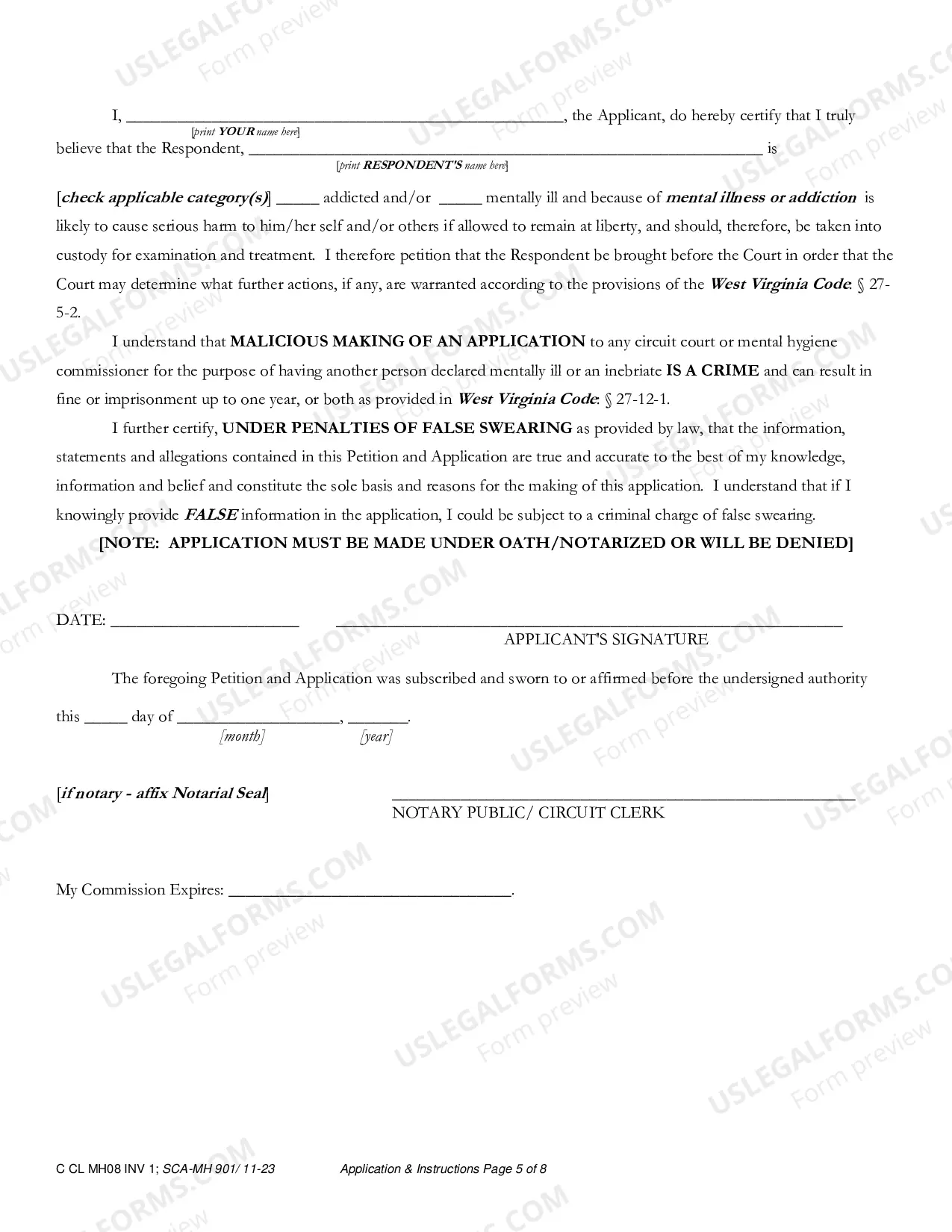 Preview Application for Involuntary Custody for Mental Health Examination