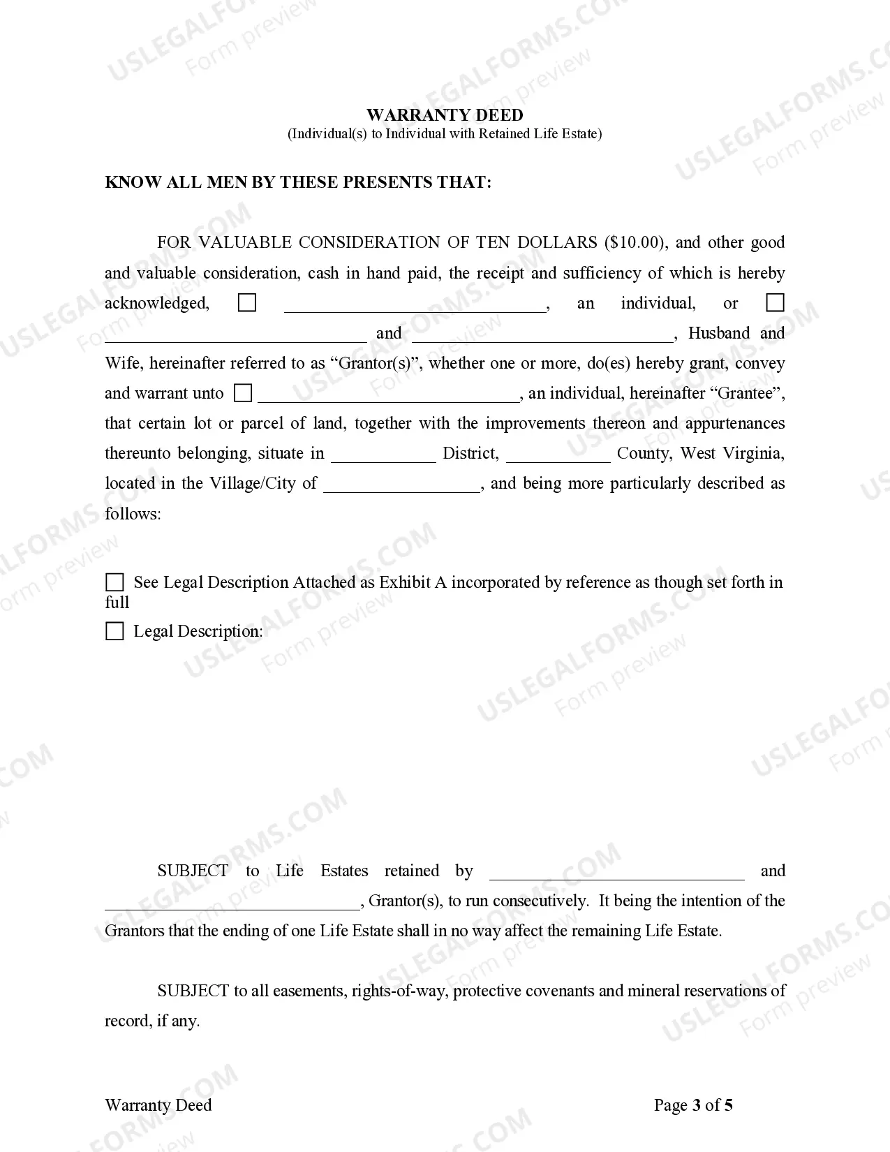 Preview Warranty Deed from Parents to Child with Reservation of Life Estate