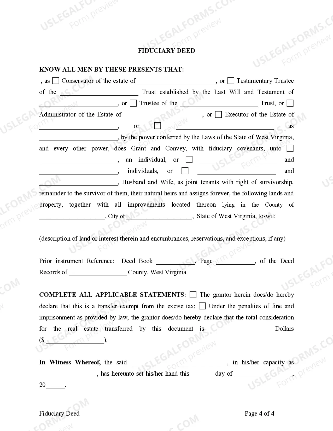 Preview Fiduciary Deed for use by Executors, Trustees, Trustors, Administrators and other Fiduciaries