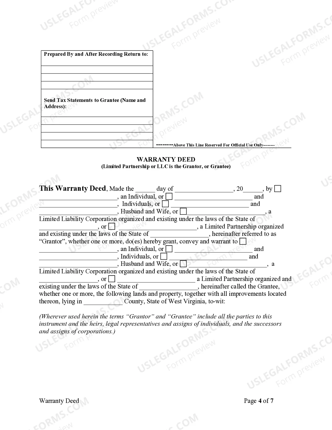Preview Warranty Deed where a Limited Partnership or LLC is the Grantor, or Grantee