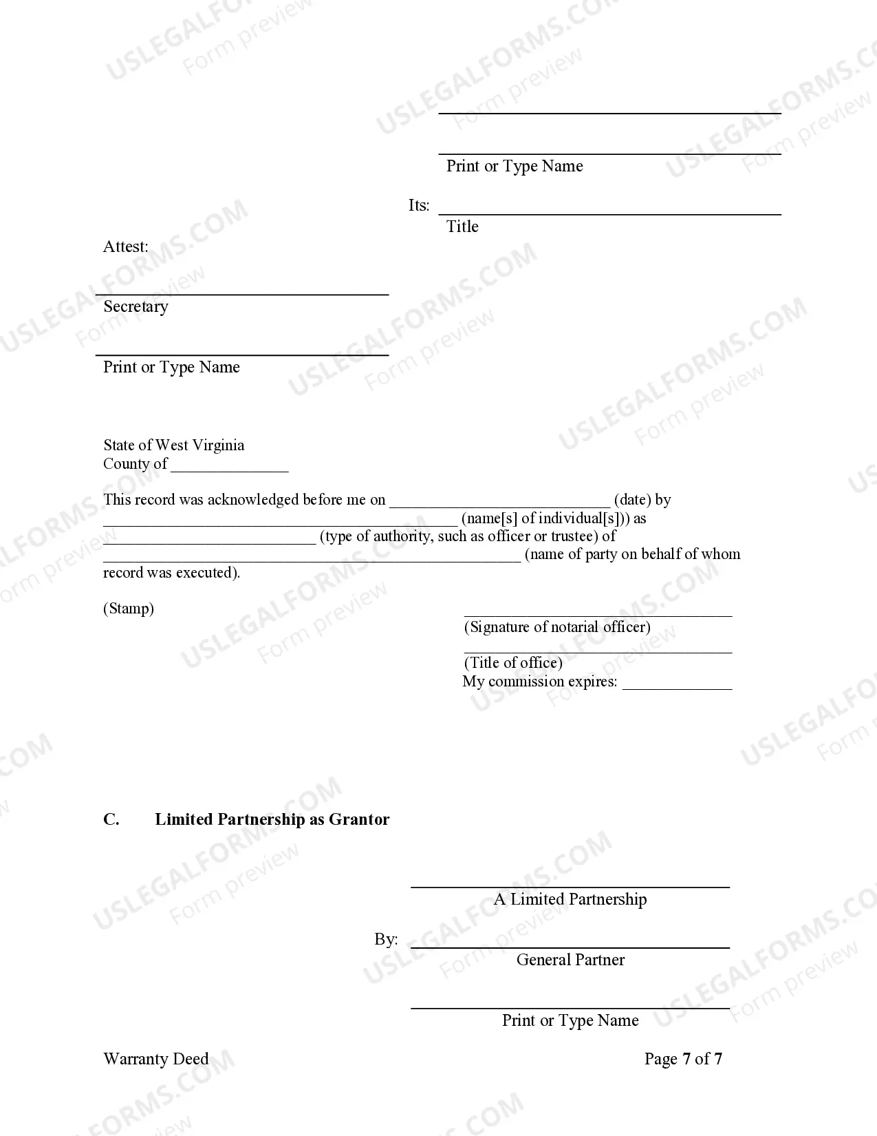 Preview Warranty Deed where a Limited Partnership or LLC is the Grantor, or Grantee