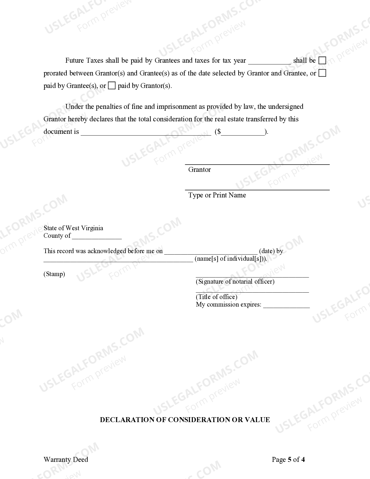 West Virginia Warranty Deed where Grantor Conveys Life Estate Interest