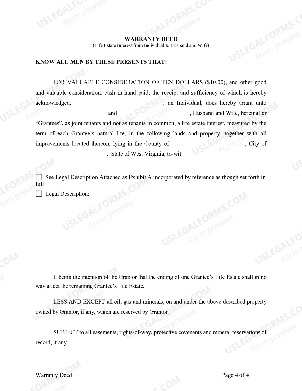 Preview Warranty Deed where Grantor Conveys Life Estate Interest to Husband and Wife