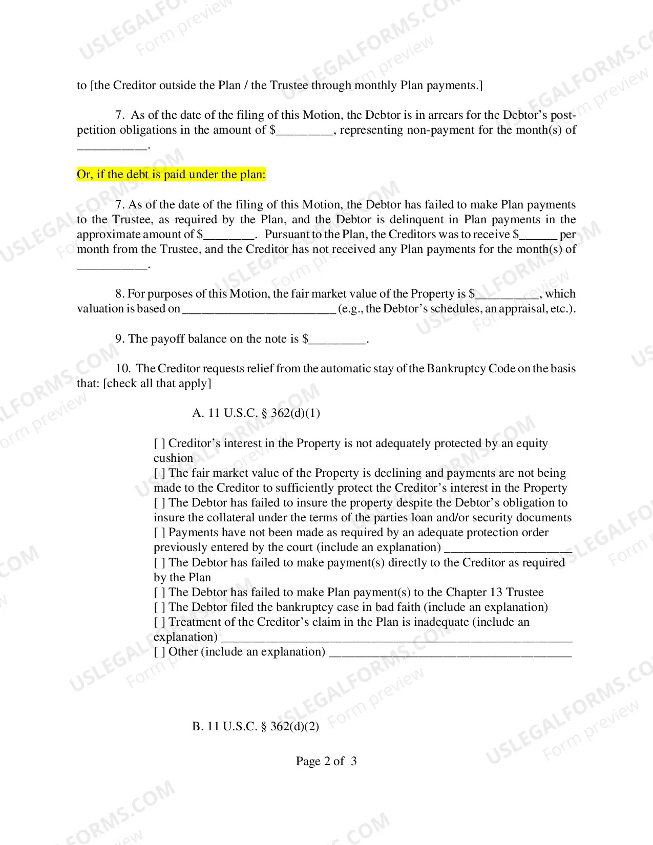 Preview Motion of (Creditor) for Relief From The Automatic Stay