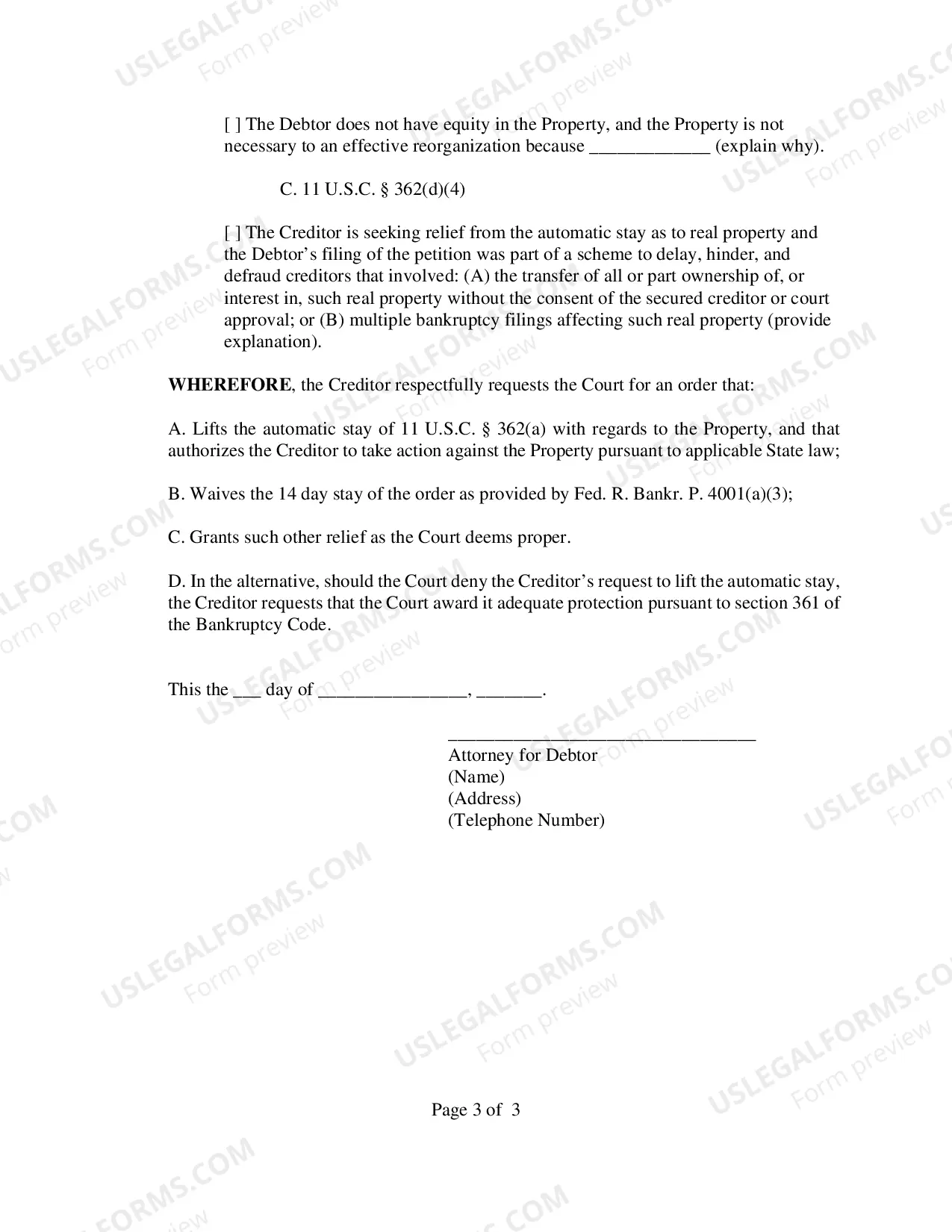 Preview Motion of (Creditor) for Relief From The Automatic Stay
