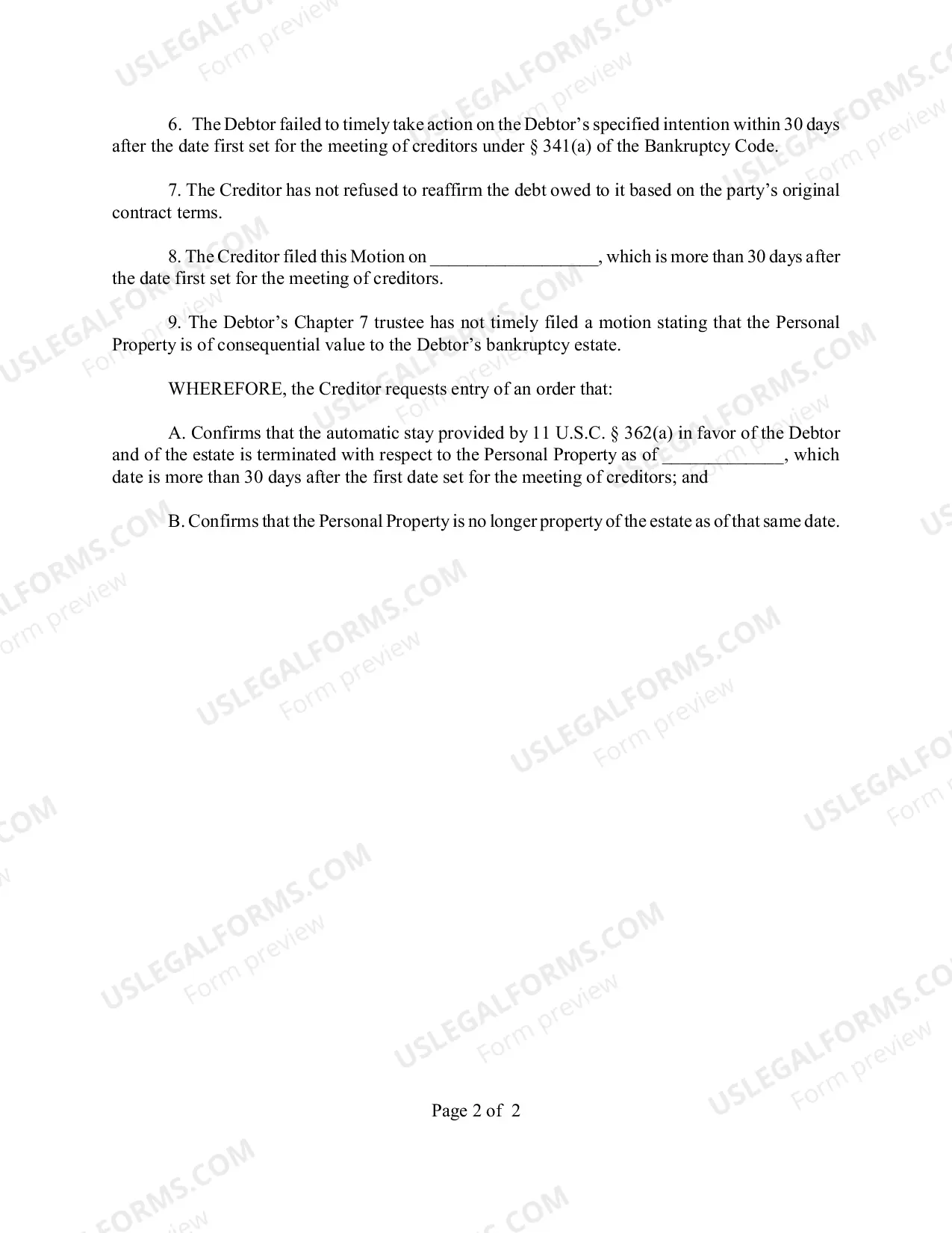 Preview Motion to Confirm Termination of The Automatic Stay As to Personal Property Collateral for Failure to File A Statement
