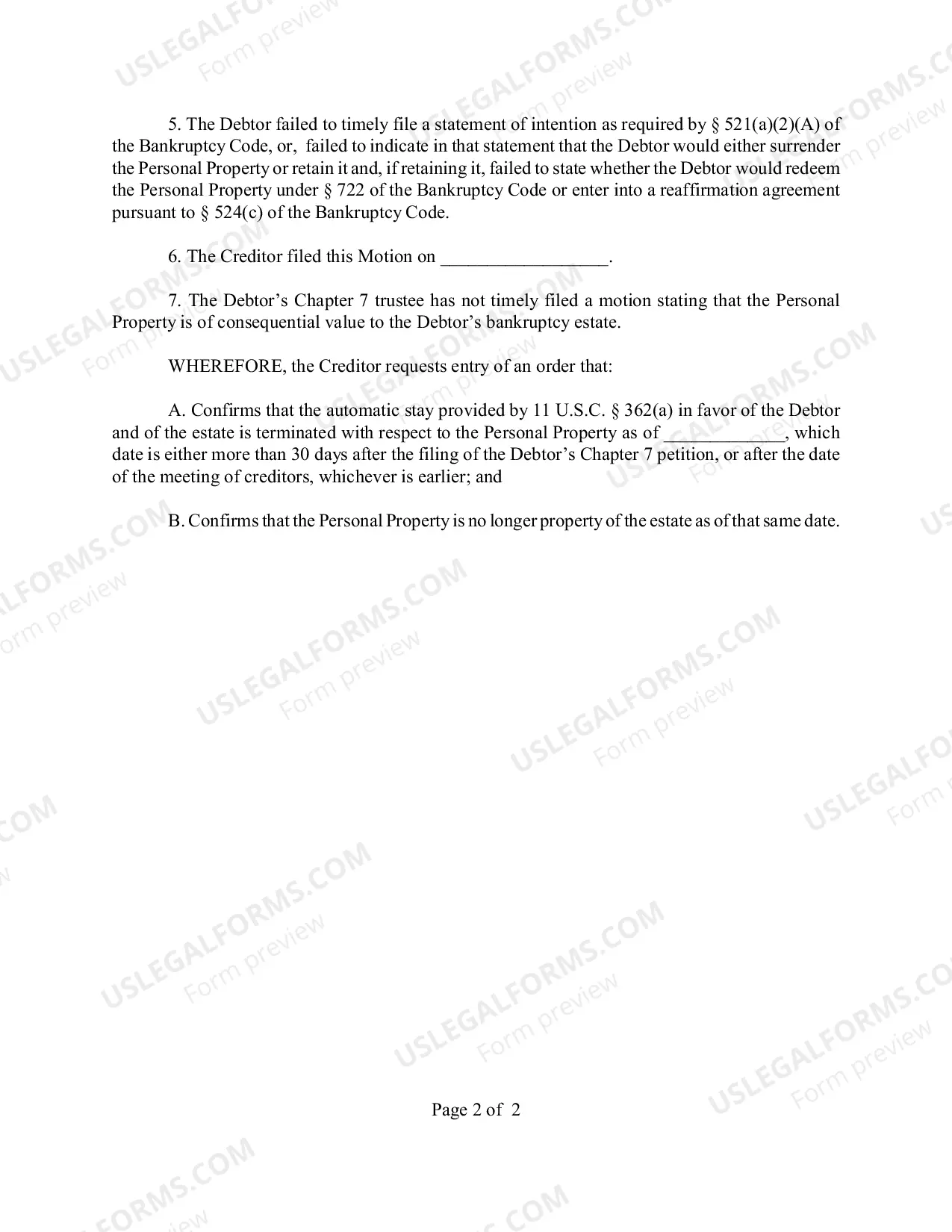 Preview Motion to Confirm Termination of The Automatic Stay As to Personal Property Collateral for Failure to Take Timely Action
