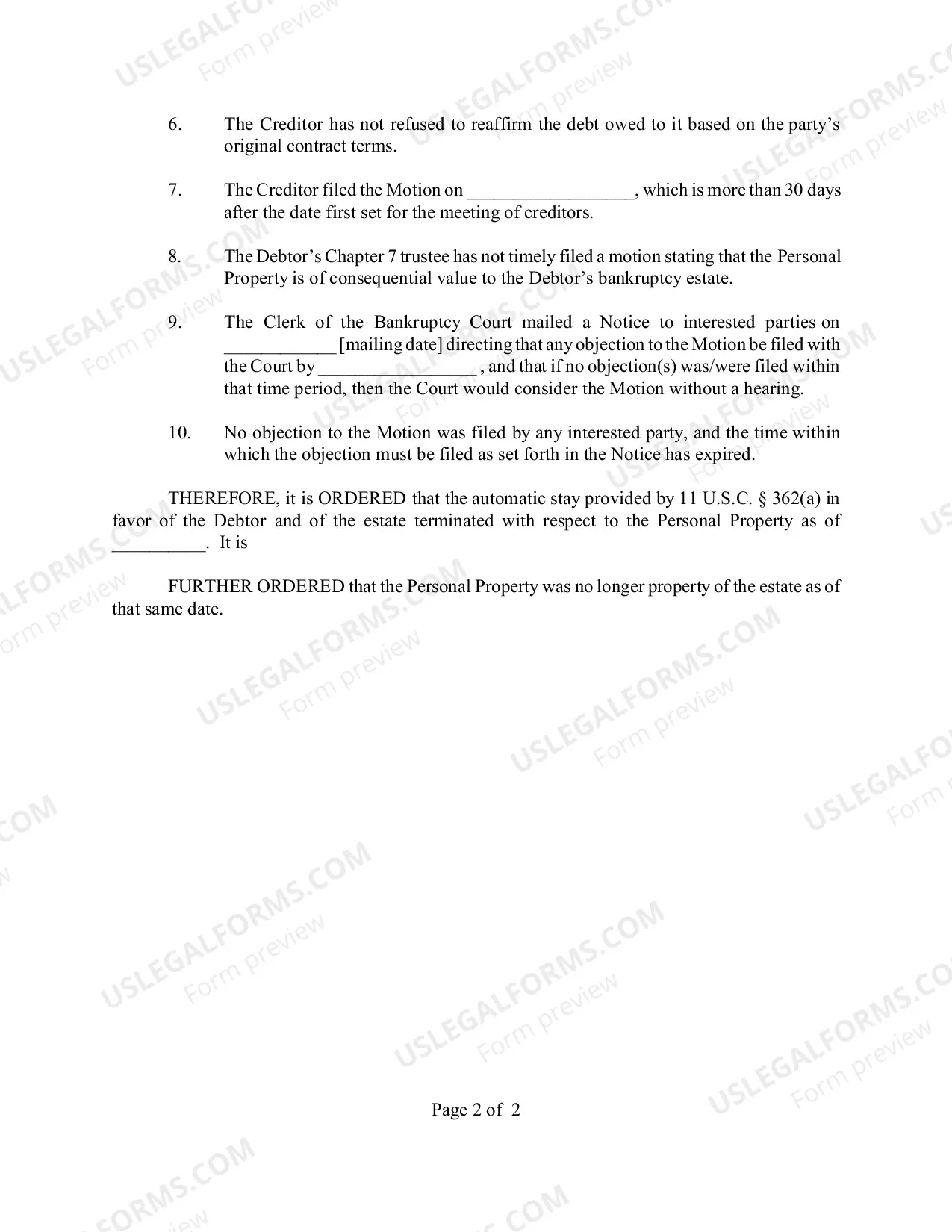 Preview Order Confirming Termination of The Automatic Stay As to Personal Property Collateral for Failure to File A Statement