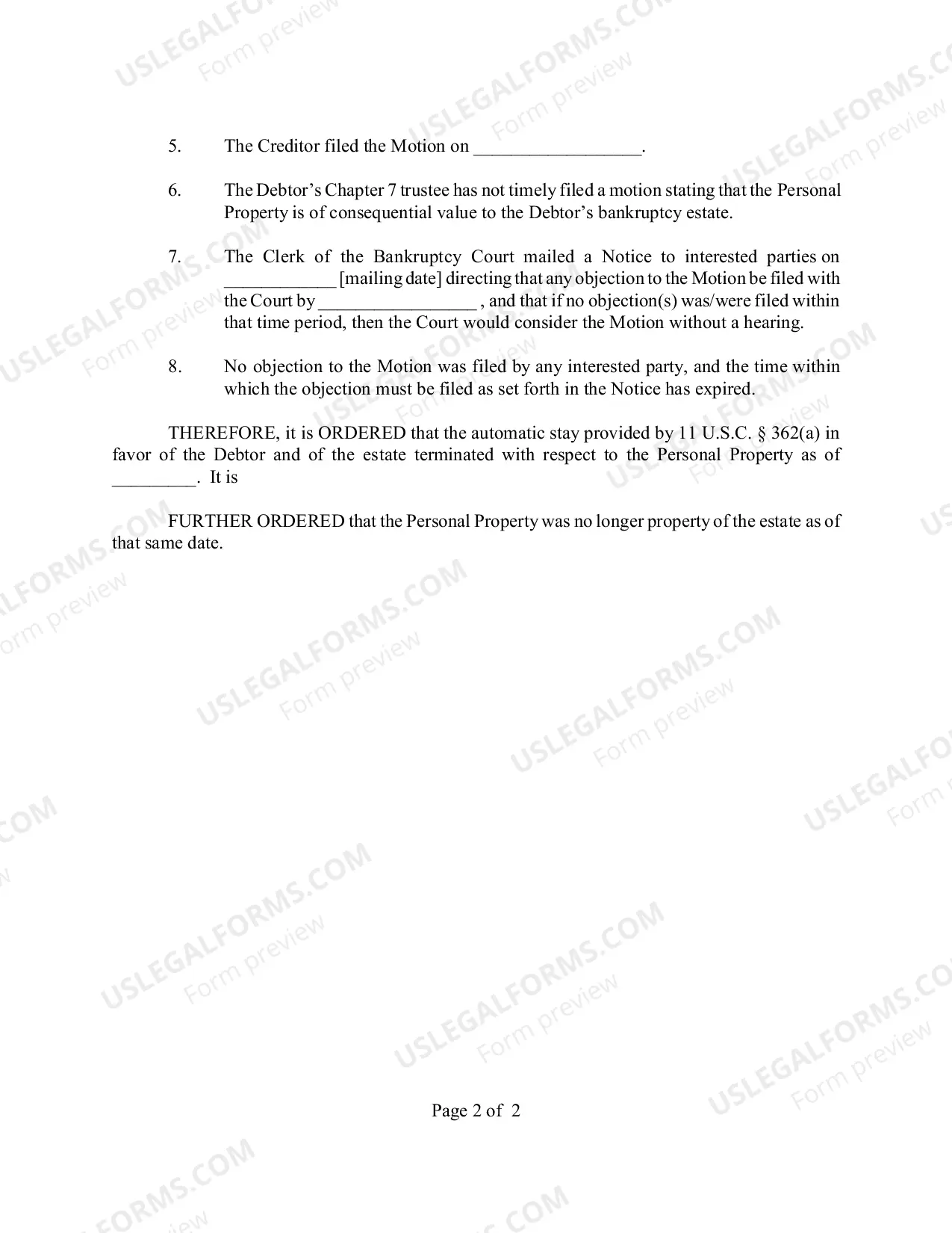 Preview Order Confirming Termination of The Automatic Stay As to Personal Property Collateral for Failure to Take Timely Action