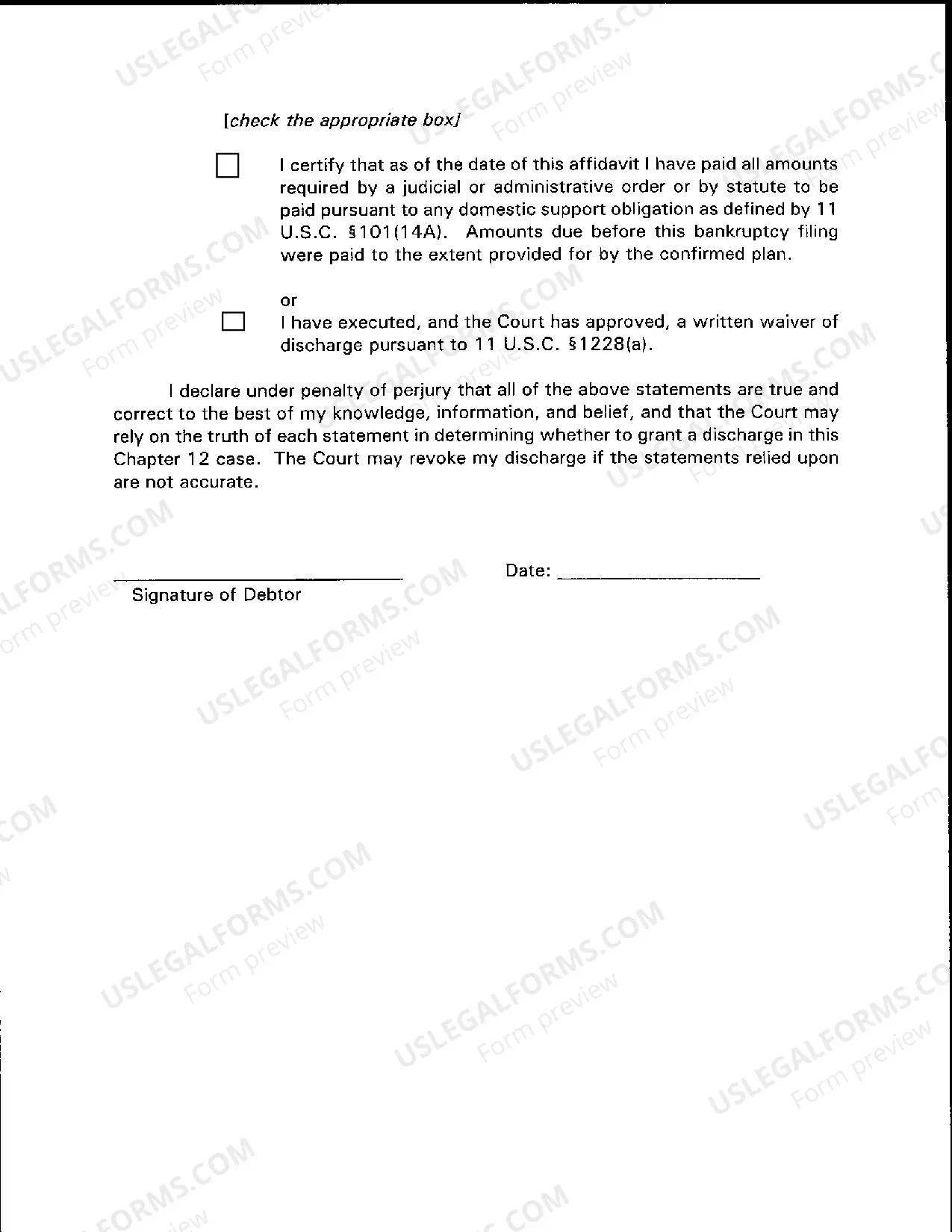 Preview Chapter 12 Affidavit for Entry of Discharge Order After Completion of Plan Payments