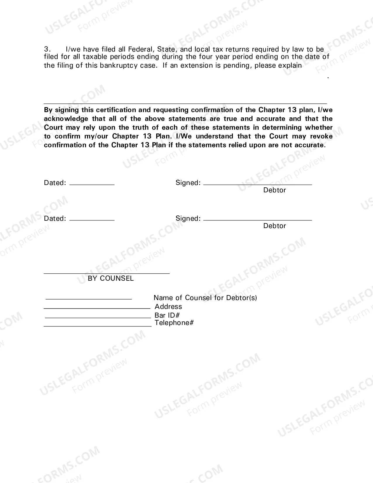 Preview Chapter 13 Certification of Compliance With Requirements for Confirmation