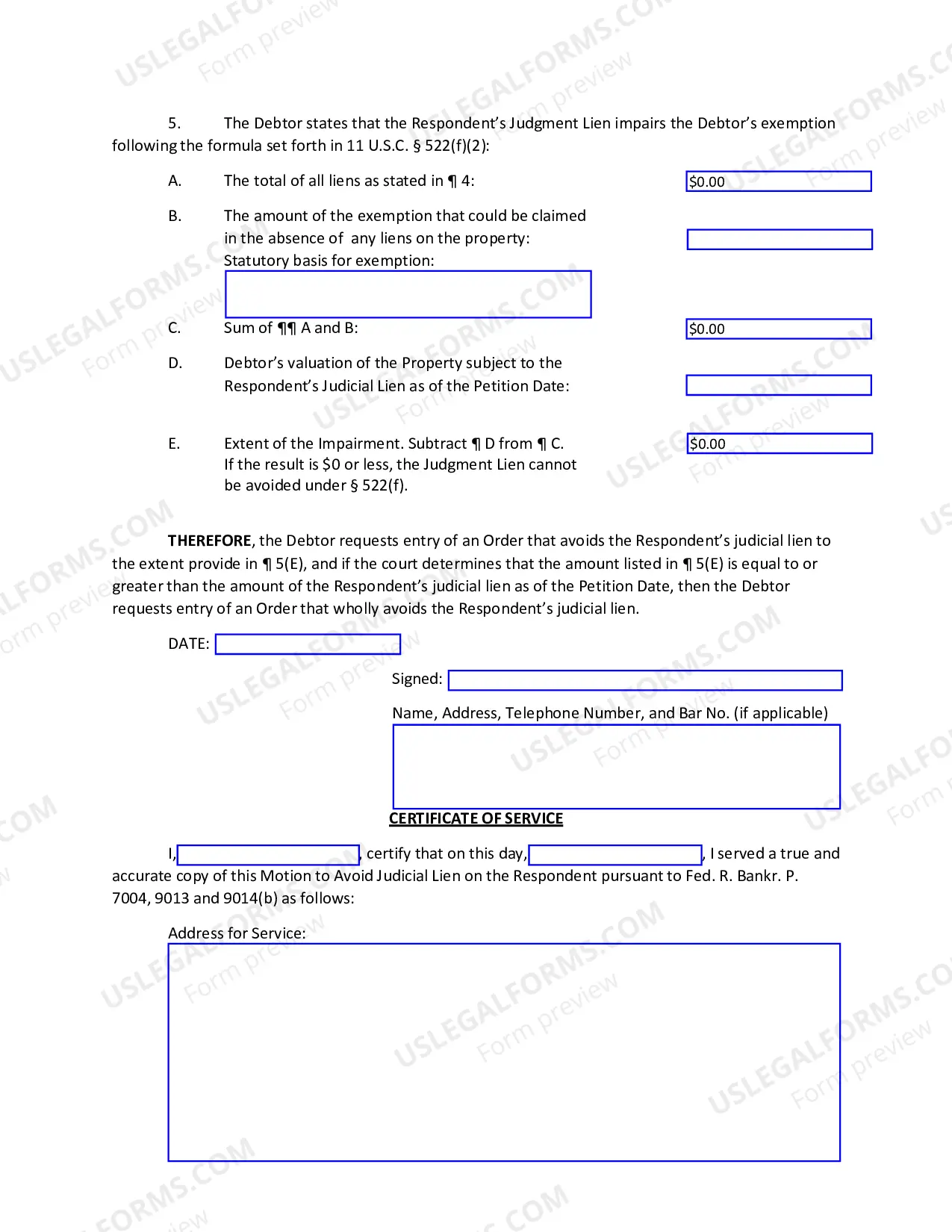 Preview 522(f) Judicial Lien Avoidance Motion and Proposed Order
