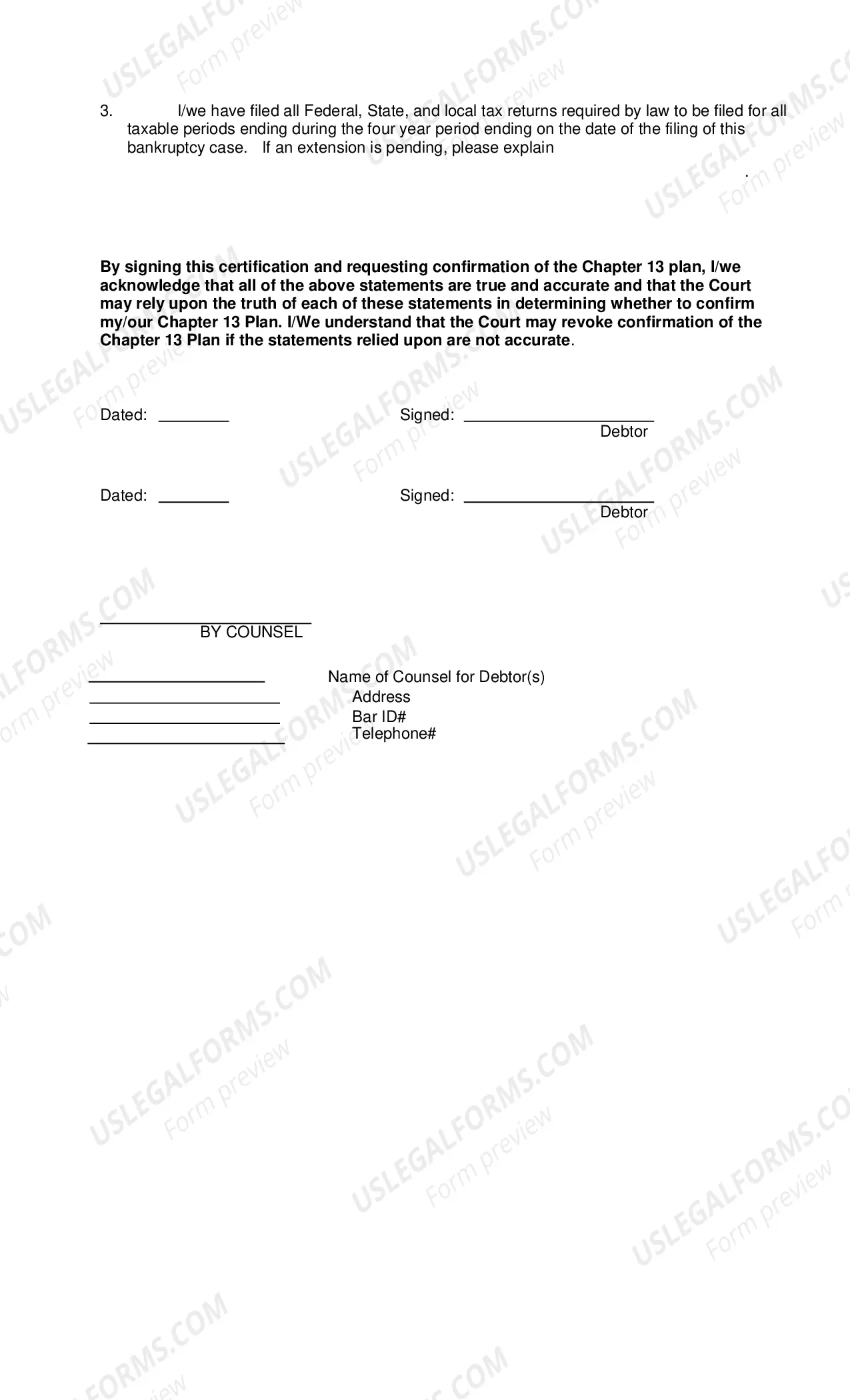 Preview Chapter 13 Certification of Compliance Form - for Confirmation of the Plan