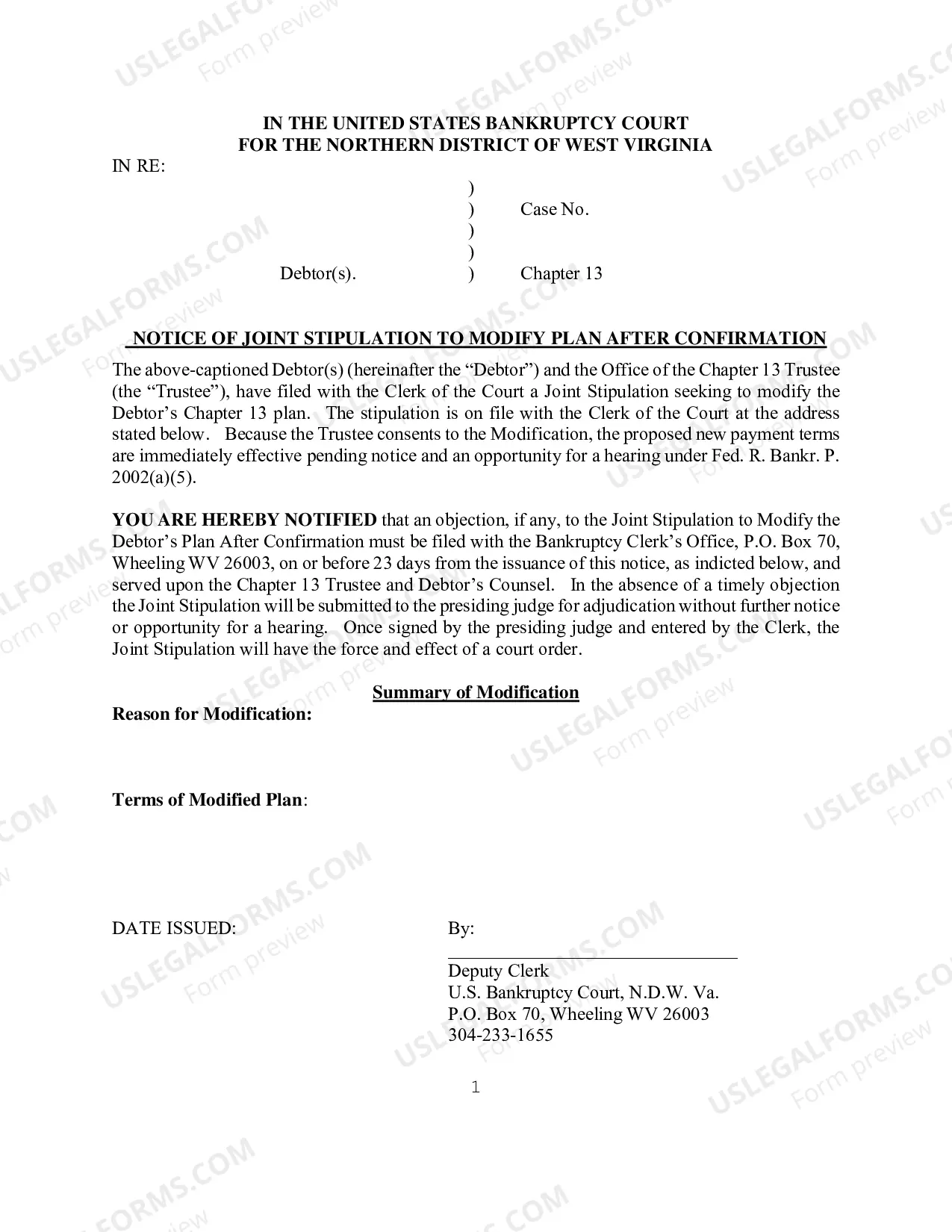 Preview Notice Joint Stipulation to Modify Plan After Confirmation