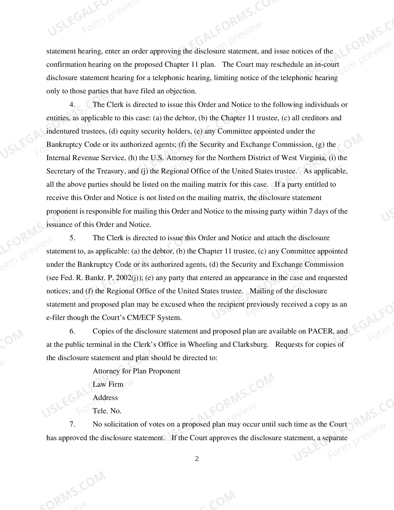 Preview Order Setting Disclosure Statement Hearing