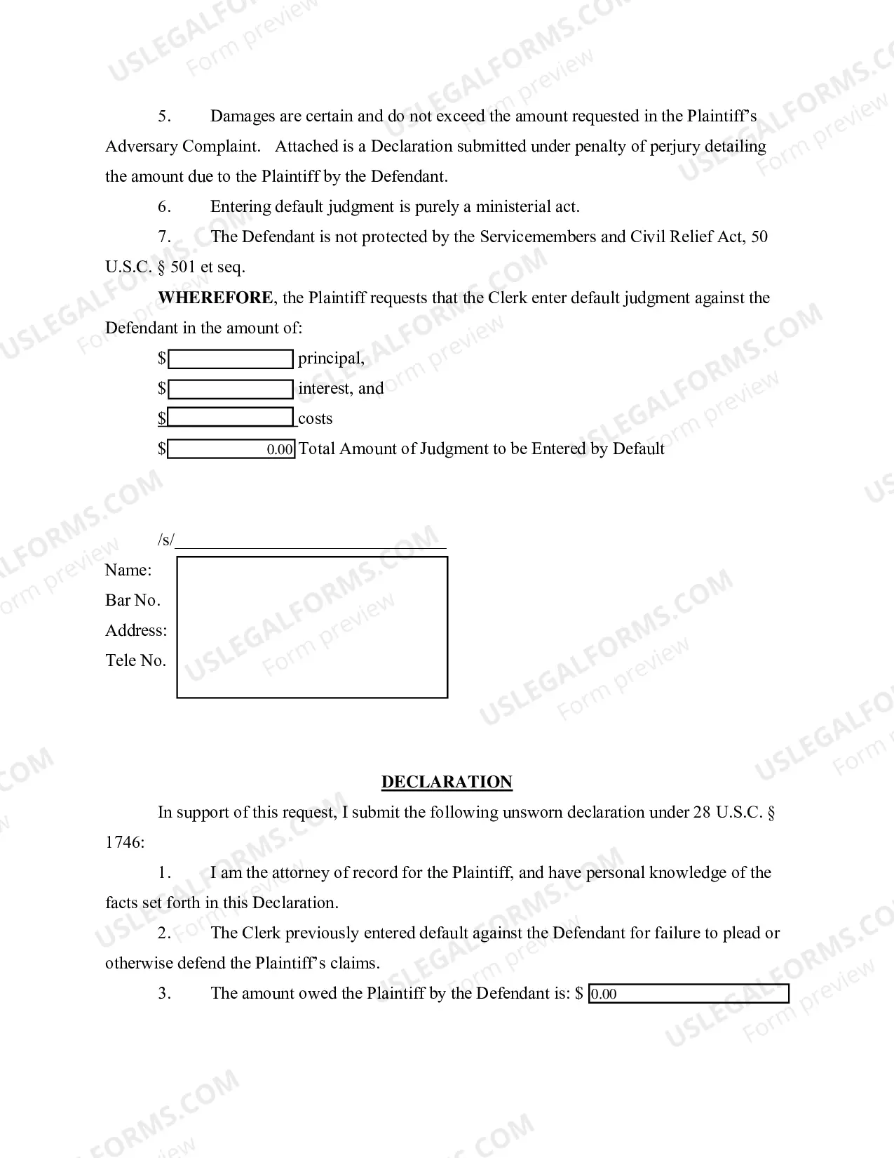 Preview Request for Clerk's Entry of Default Judgment, Declaration, and Proposed Order