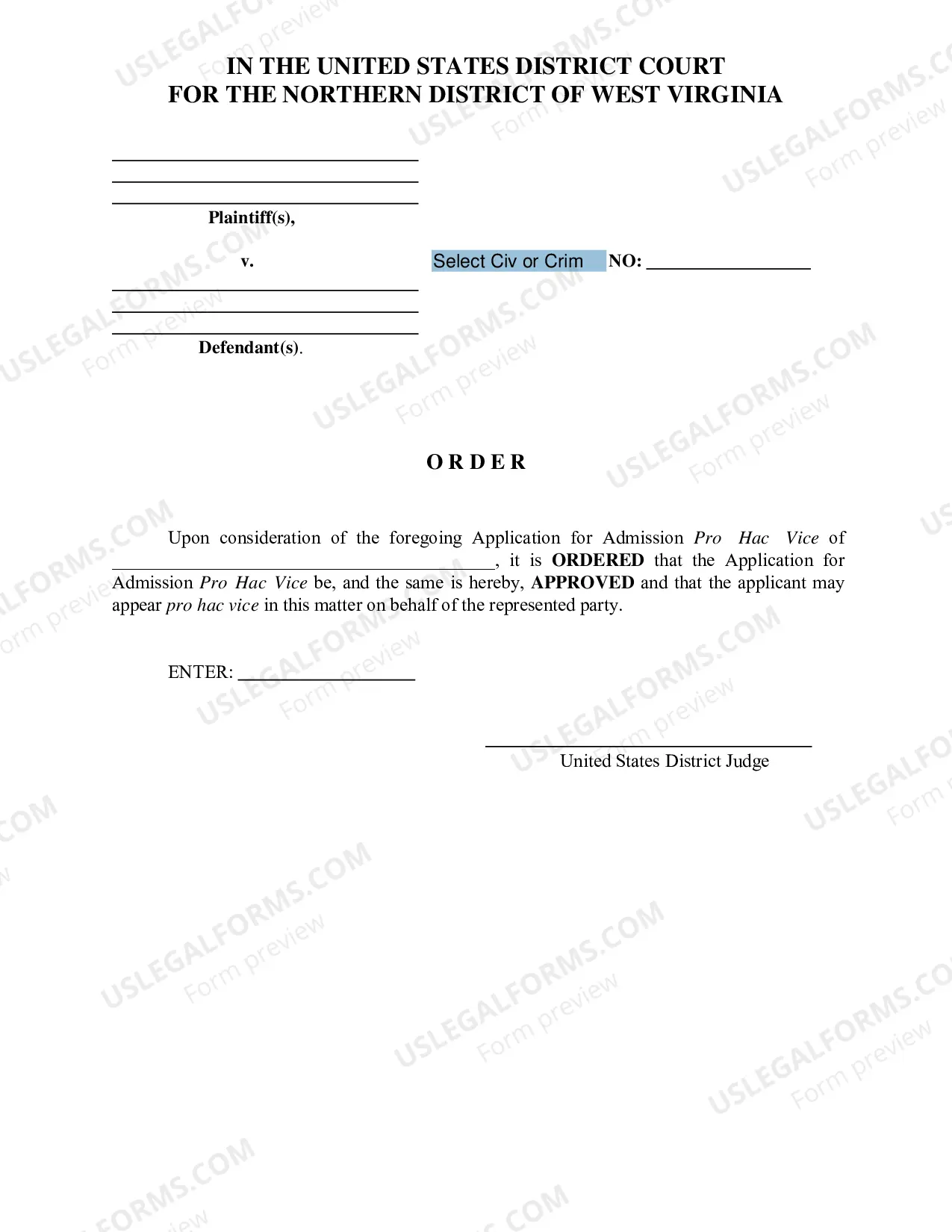 Preview Application for Admission Pro Hac Vice and Order