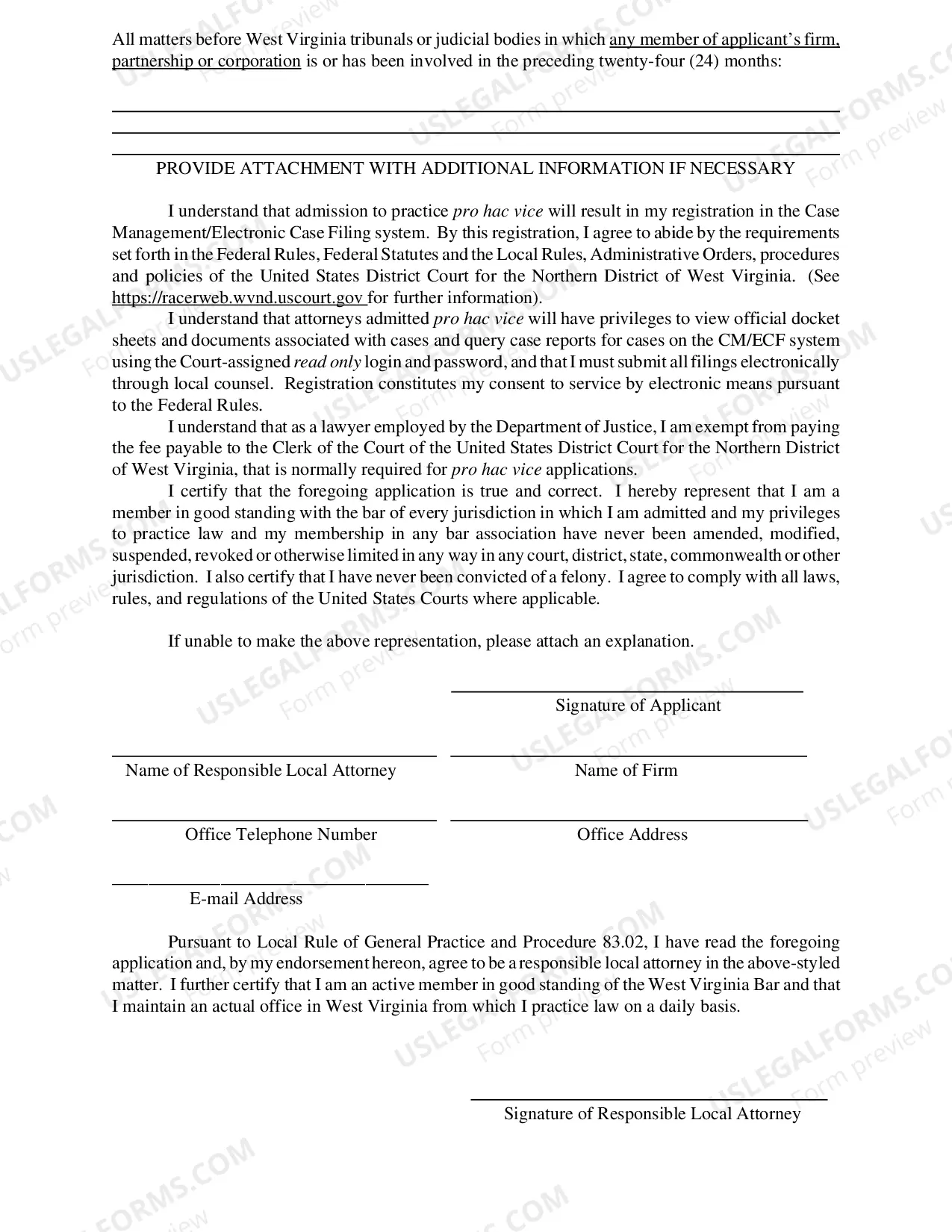 Preview DOJ Attorney Application for Admission Pro Hac Vice and Order