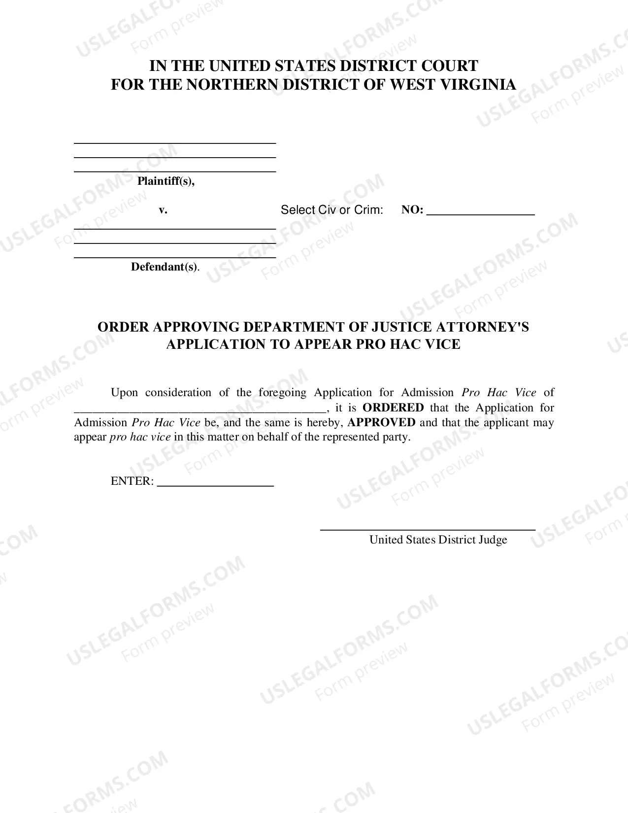 Preview DOJ Attorney Application for Admission Pro Hac Vice and Order